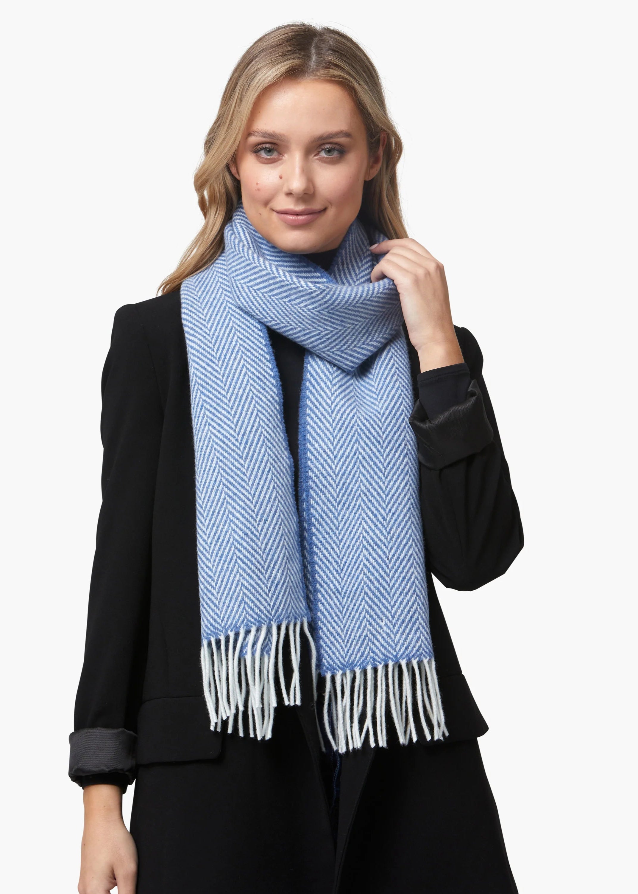 Foxford Merino Cashmere Scarf - Soft Winter Wrap for Women & Men, Blue Herringbone Pattern, Luxury Warm Accessory for Cold Weather, Travel & Outdoor Activities