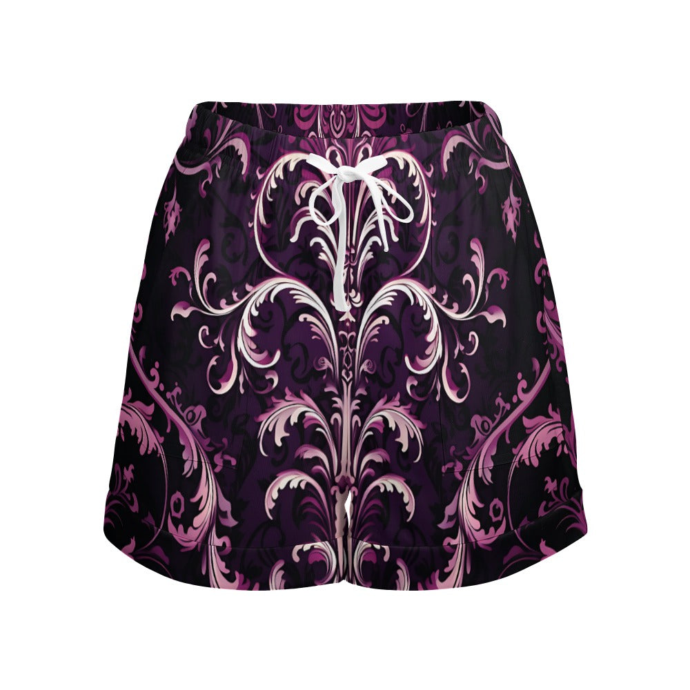 Gothic Purple High Waist Loose Elastic Waist Shorts for Women - Comfortable Stretchy Casual Summer Shorts for Streetwear, Gothic Fashion and Everyday Wear