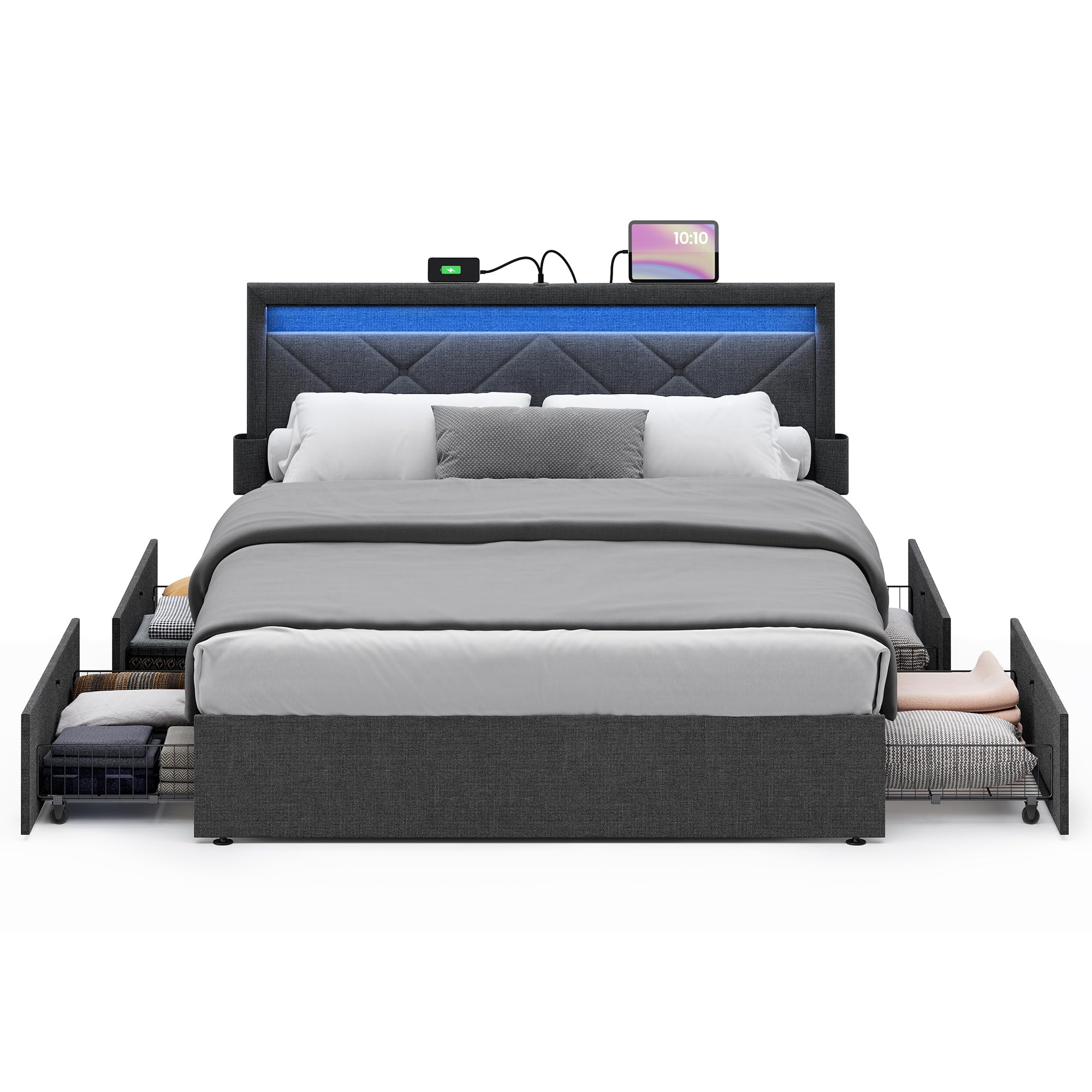 VASAGLE Queen Size LED Bed Frame with Headboard and Storage - 36.7/39.3 Inch Platform Bed with USB & Type-C Charging Ports, Adjustable Upholstered Headboard, No Box Spring Needed, Dark Gray URMB821G71 - Perfect for Modern Bedrooms, Small Spaces & Tech-Savvy Users
