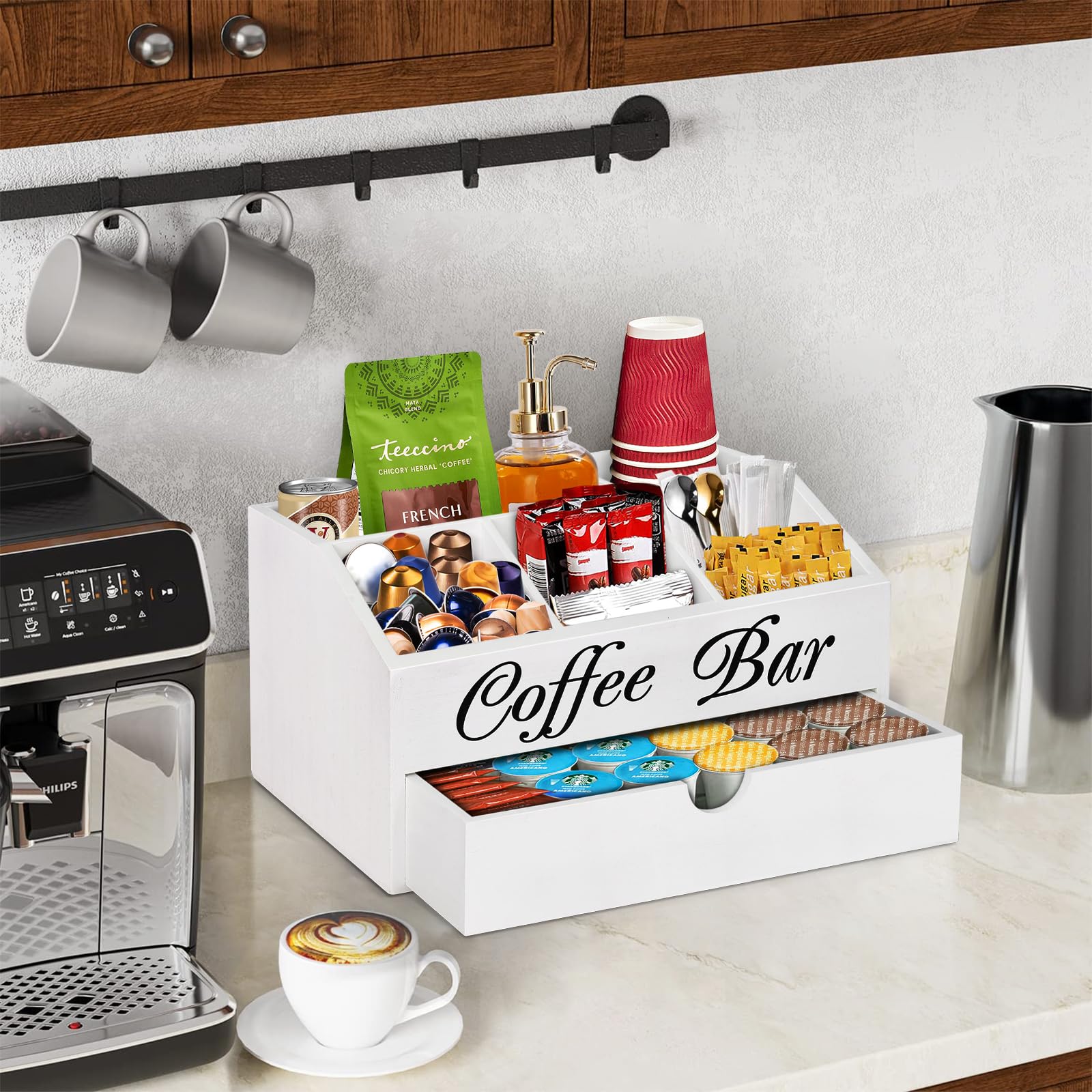 Wooden Coffee Bar Organizer with Drawer - Countertop Storage Basket for Coffee Pods, Tea & Condiments - Farmhouse Style Station Accessories | Perfect for Kitchen, Office & Home Decor