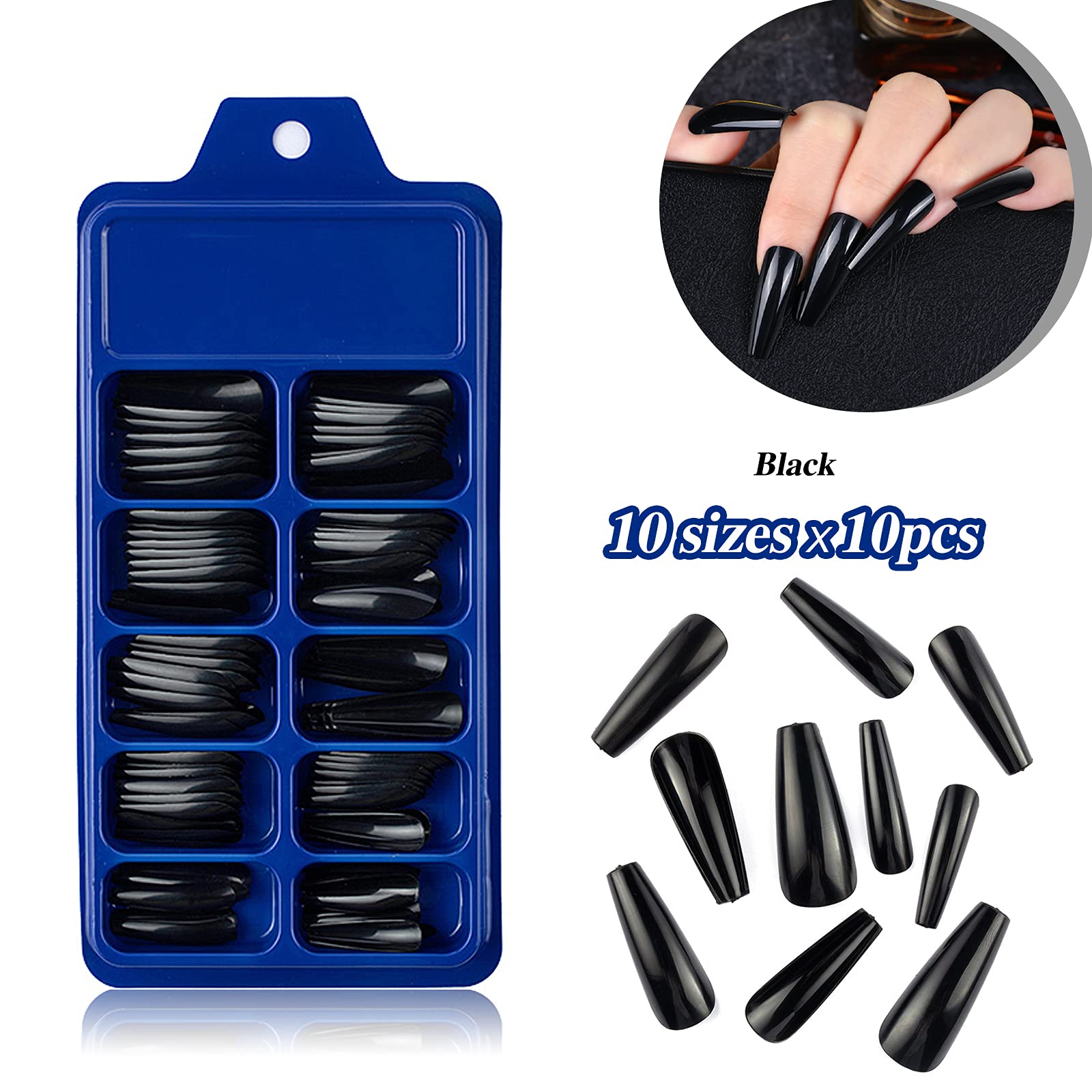 300PCS Long Press On Nails - Coffin Shaped Fake Nails with Full Cover, 10 Sizes Artificial Nails Kit for Women & Girls (Black, White, Pink) - Perfect for Nail Art, Manicure, Parties, Weddings & Daily Wear