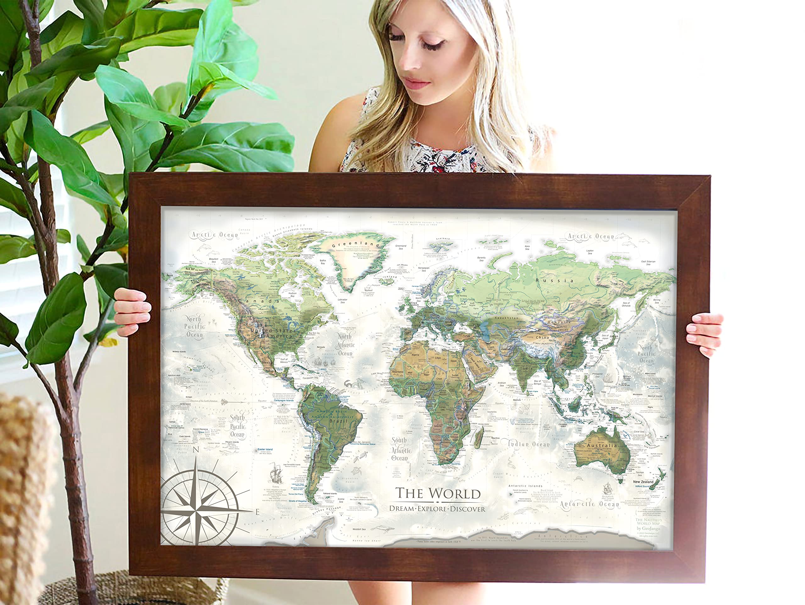 Custom Push Pin World Travel Map - Stretched Canvas, Rolled Poster or Framed Wall Art - Perfect Travel Gift to Track Visited Places - Nautilus Design World Map with Pins - Great for Home Office, Living Room Decor & Travel Enthusiasts