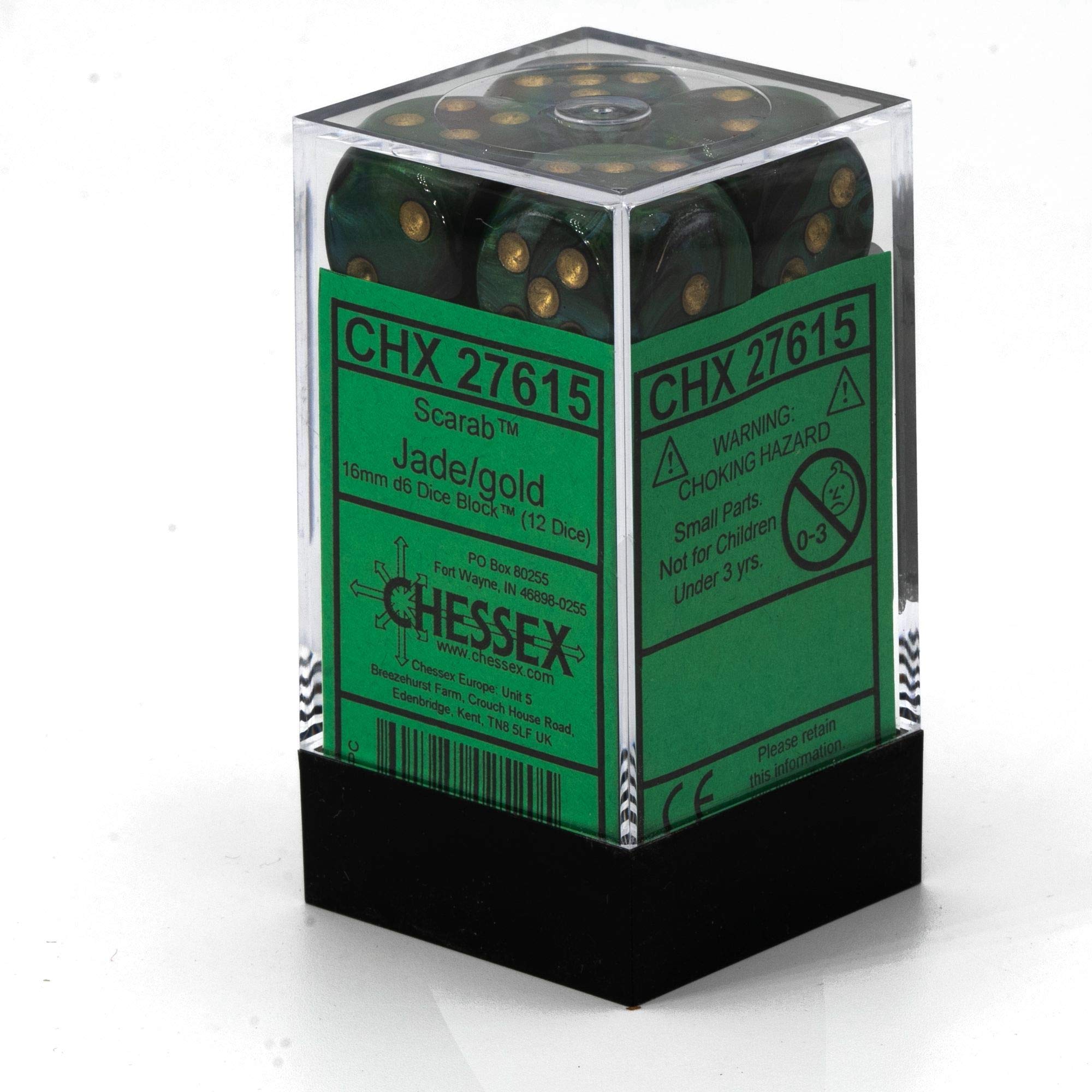Scarab 16mm D6 Jade and Gold Dice Set - 12 Pipped Dice for Dungeons & Dragons, RPG Gaming, and Tabletop Board Games