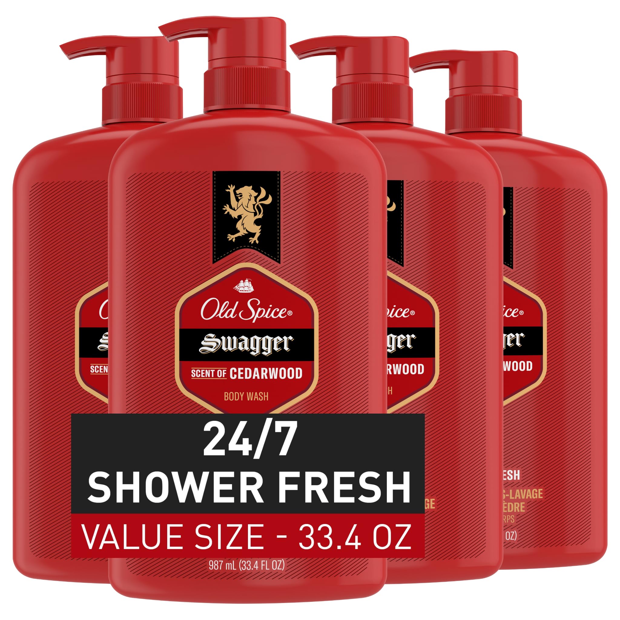 Old Spice Men's Body Wash - 24/7 Shower Fresh with Long-Lasting Cedarwood Scent, Swagger Red Collection, 33.4 fl oz (Pack of 4) | Refreshing Daily Shower Gel for Gym, Work & Active Lifestyle