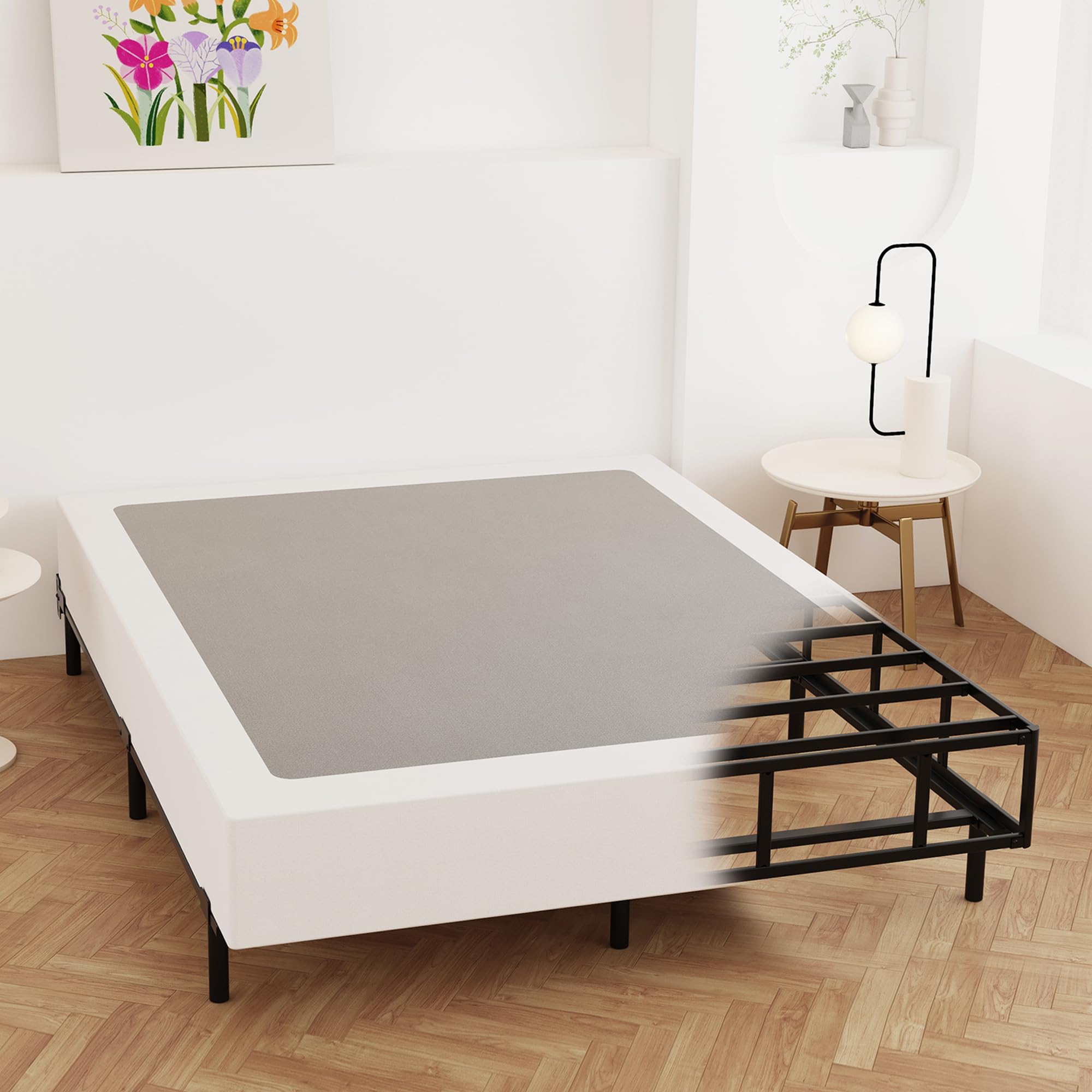 Maenizi 7 Inch Heavy Duty Metal Box Spring Bed Base with Fabric Cover - Noise Free Mattress Foundation for Queen/King Size Beds - Easy Assembly, Black - Perfect for Bedrooms, Guest Rooms & Dormitories
