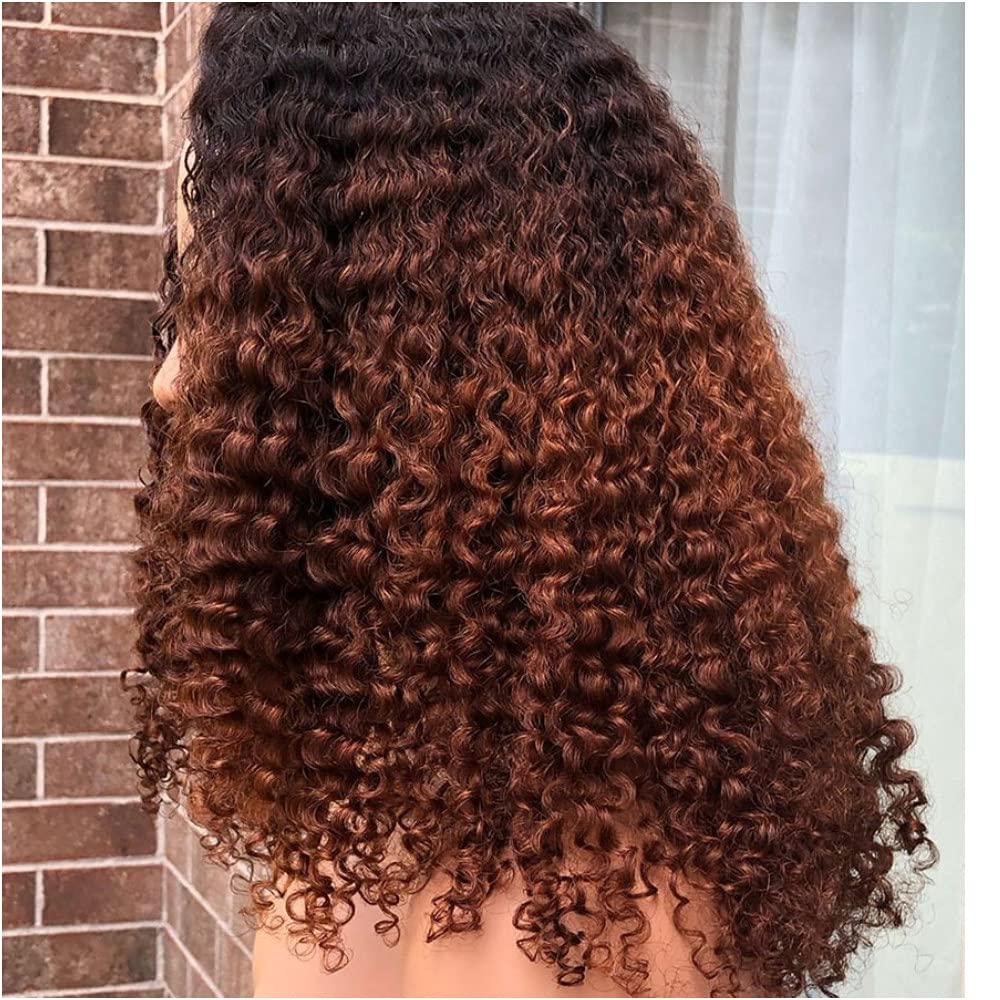 Ombre Brown Kinky Curly Human Hair Lace Front Wig - 13x6 Transparent Lace Frontal with Pre-Plucked Hairline & Bleached Knots | 150% Density Brazilian Remy Hair | 16 Inch Length for Natural Look - Perfect for Daily Wear, Cosplay & Special Occasions