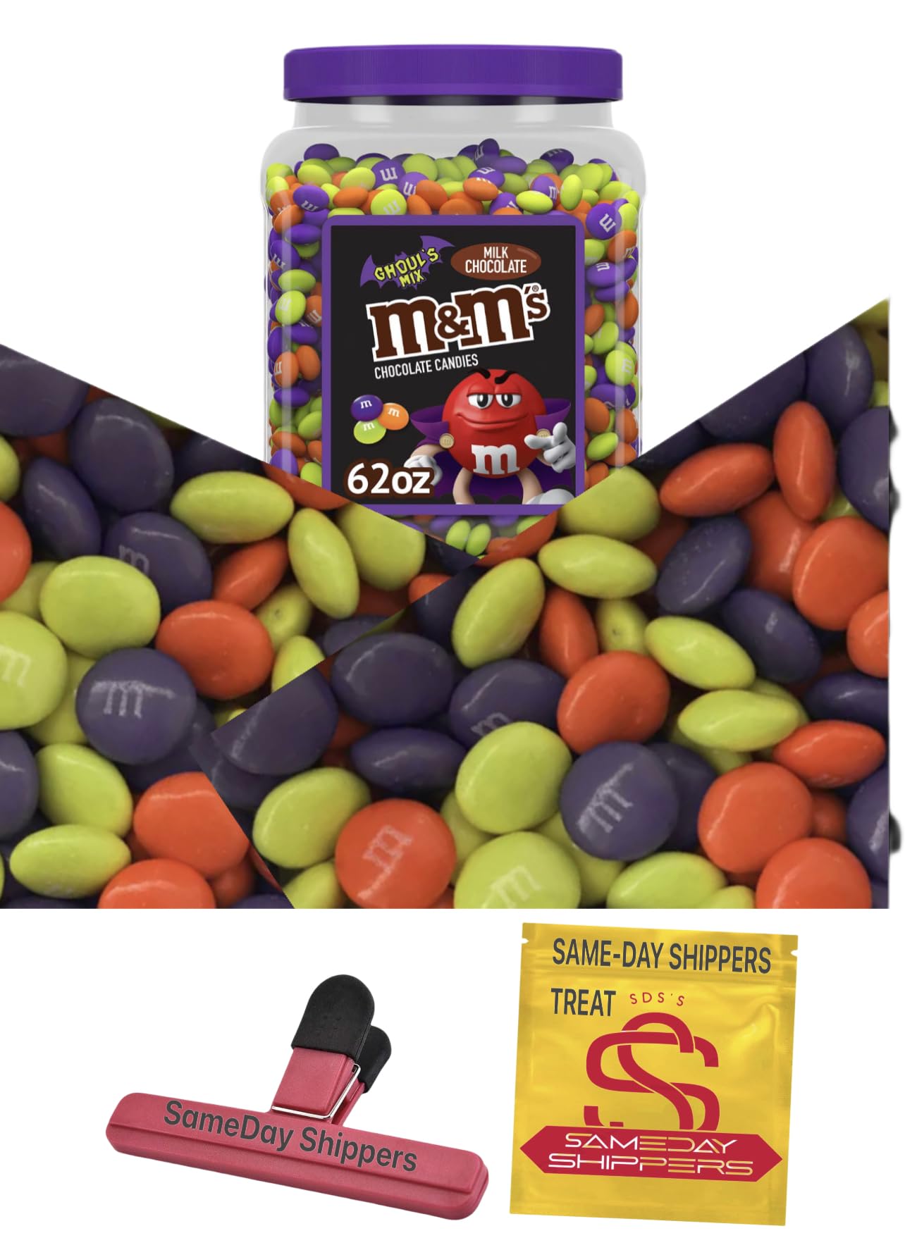 Halloween M&M's Milk Chocolate Ghoul's Mix Bulk Candy - 62oz Resealable Jar with Free SameDay Shippers Branded Bag Clip & Treat Bag | Perfect for Trick-or-Treating, Halloween Parties & Office Treats