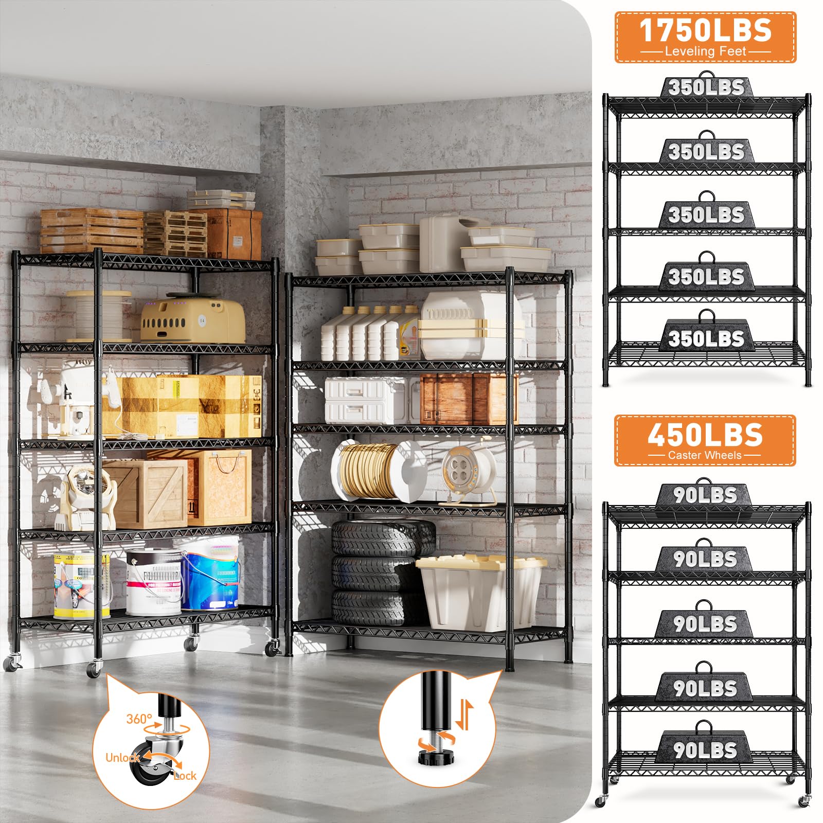 REIBII 5-Tier Adjustable Metal Wire Shelving Unit with Wheels & Feet - 15.7