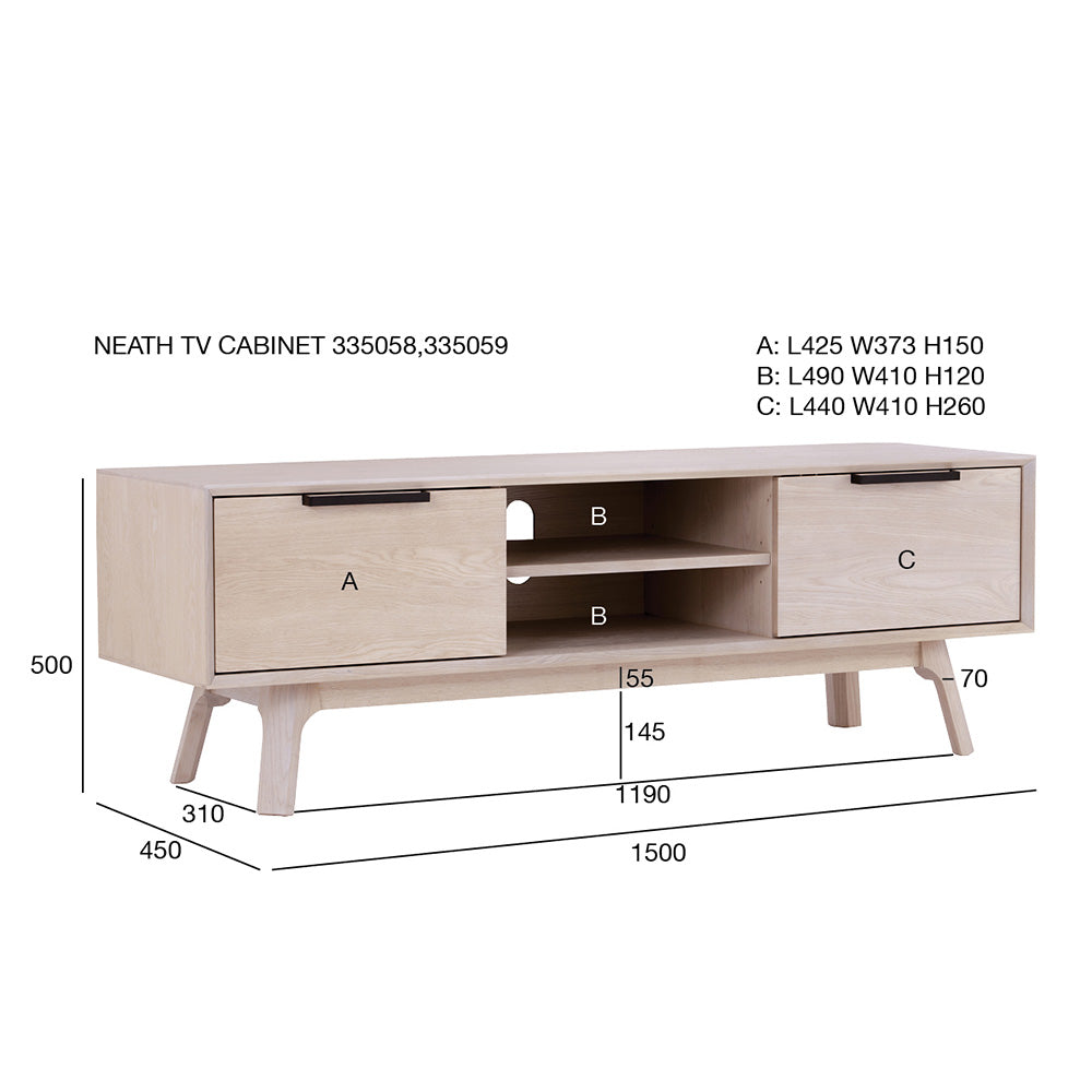 White Oak NEATH Entertainment TV Stand 150cm - Modern Media Console for Living Room, Bedroom & Home Theater