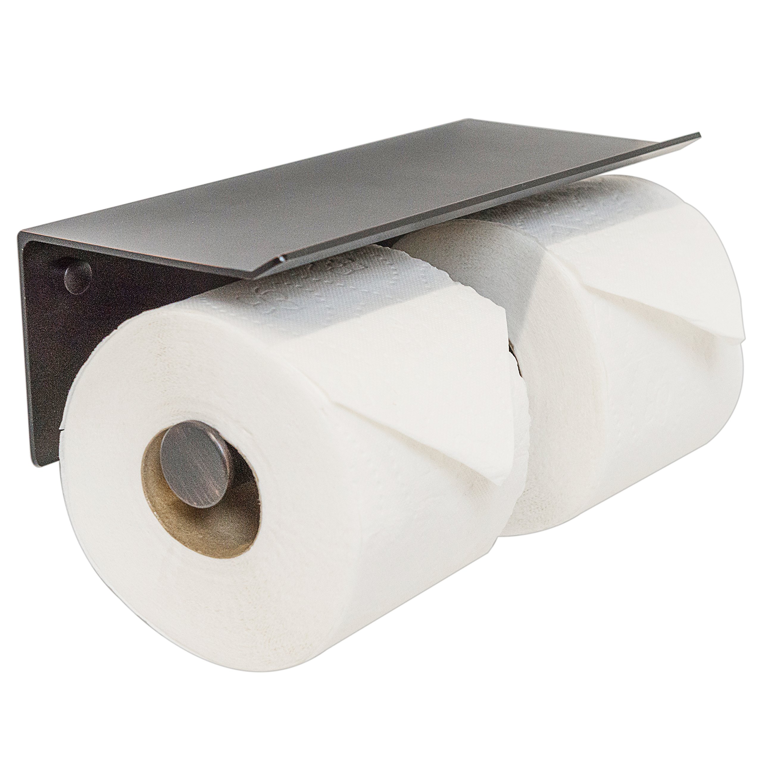 Modern Reversible Toilet Paper Holder with Phone Shelf - Oil Rubbed Bronze Double Roll Bathroom Organizer - Space Saving Design for Small Bathrooms, Powder Rooms & RVs