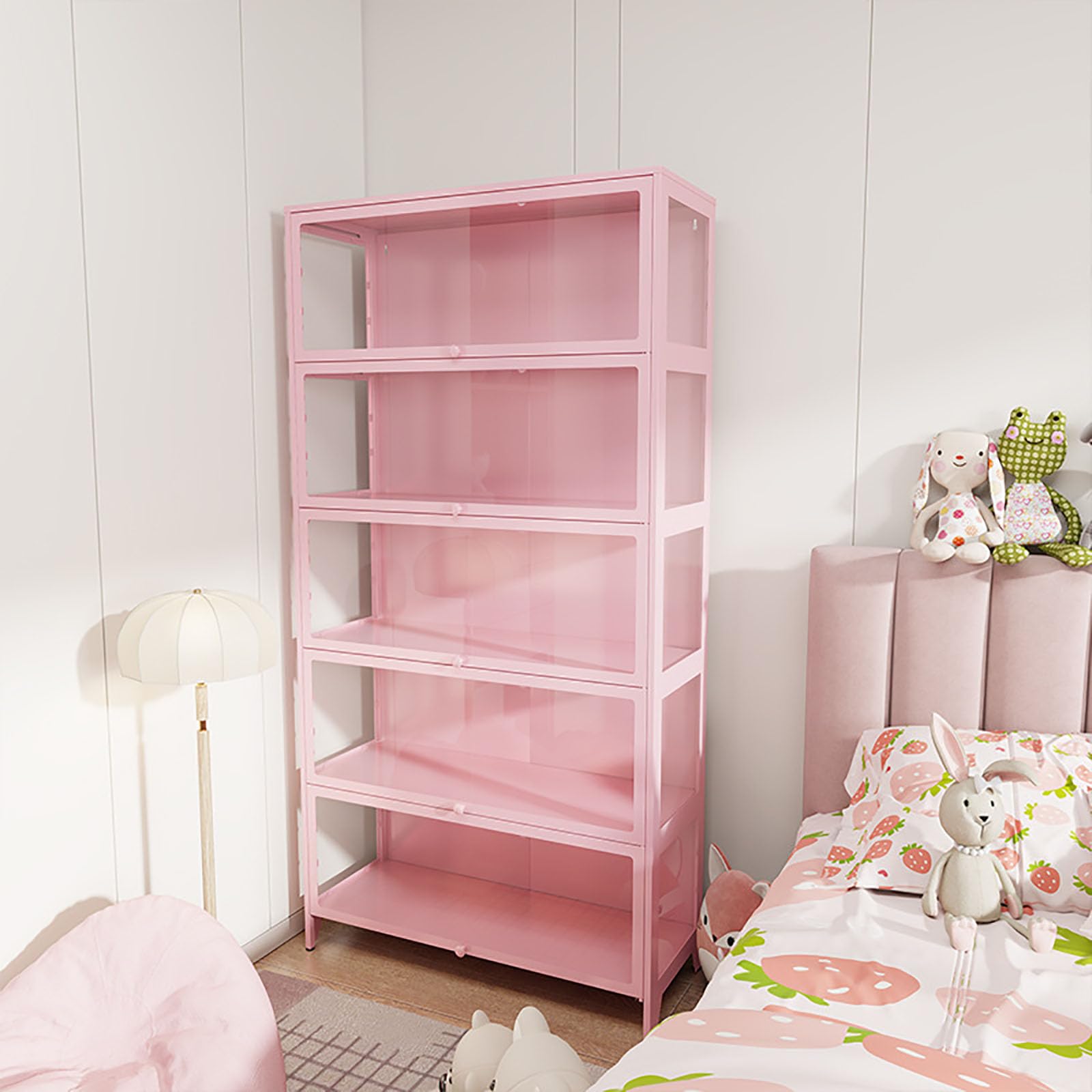 Pink Glass Curio Display Cabinet with Acrylic Door - 100x176cm Large Collectible Storage Shelf for Toys, Figurines & Memorabilia - Perfect for Living Room, Bedroom or Office Display