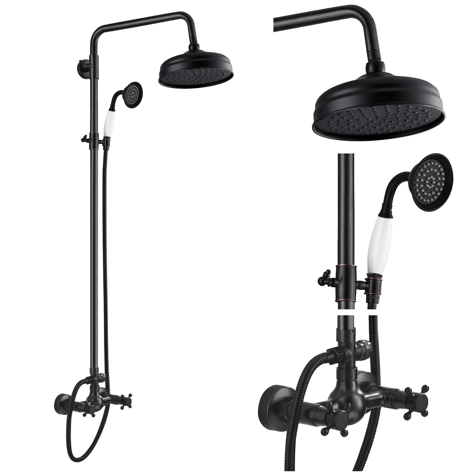 Luxury Exposed Shower Faucet Set - 8 Inch Wall Mount Rainfall Shower Head with Handheld Spray & Cross Double Handle - Oil Rubbed Bronze Finish - Adjustable Straight Rod - Perfect for Modern Bathroom Renovation & Spa-Like Shower Experience