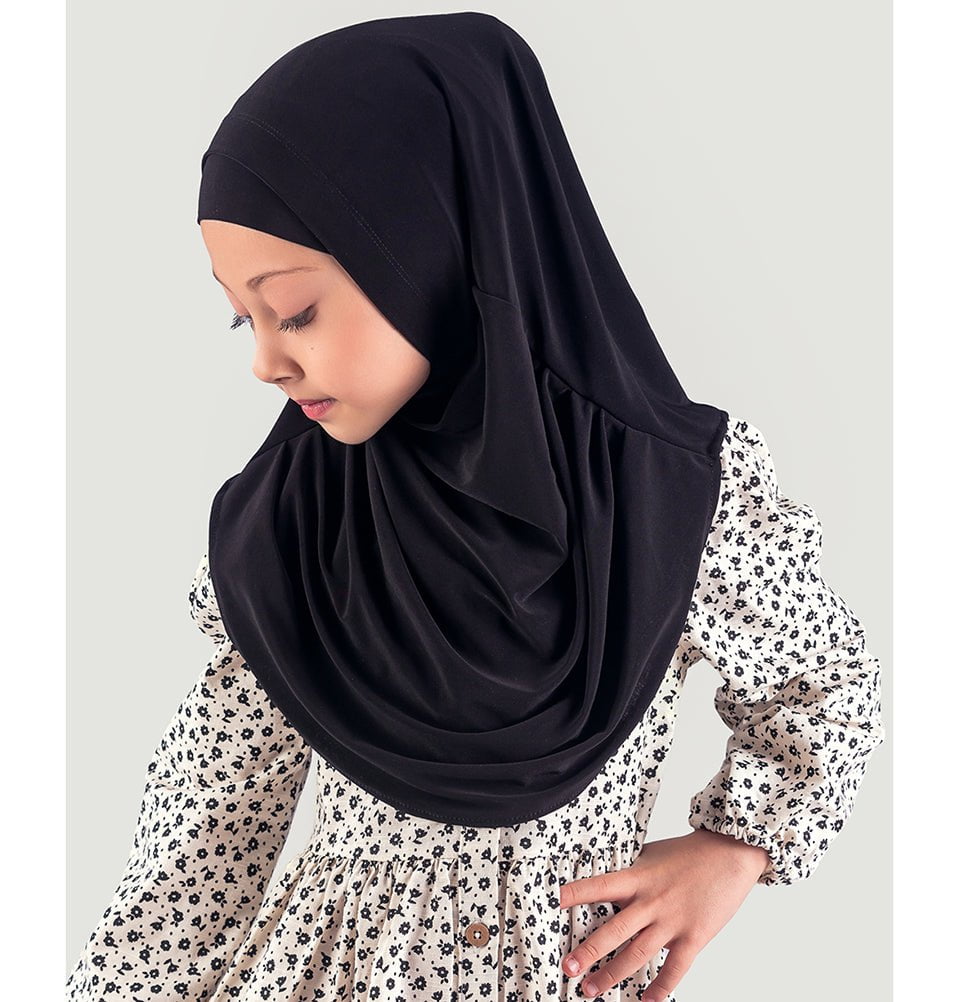 Girl's Practical Two Piece Hijab Set - Soft Breathable Muslim Headscarf & Undercap in Black for School, Work & Daily Wear