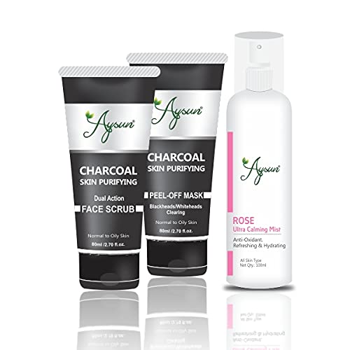Aysun Rose Ultra Calming Facial Mist & Activated Charcoal Face Scrub with Peel-Off Mask - 3 Piece Skincare Set for Deep Cleansing & Pore Refining - Perfect for Acne-Prone & Oily Skin Care Routine
