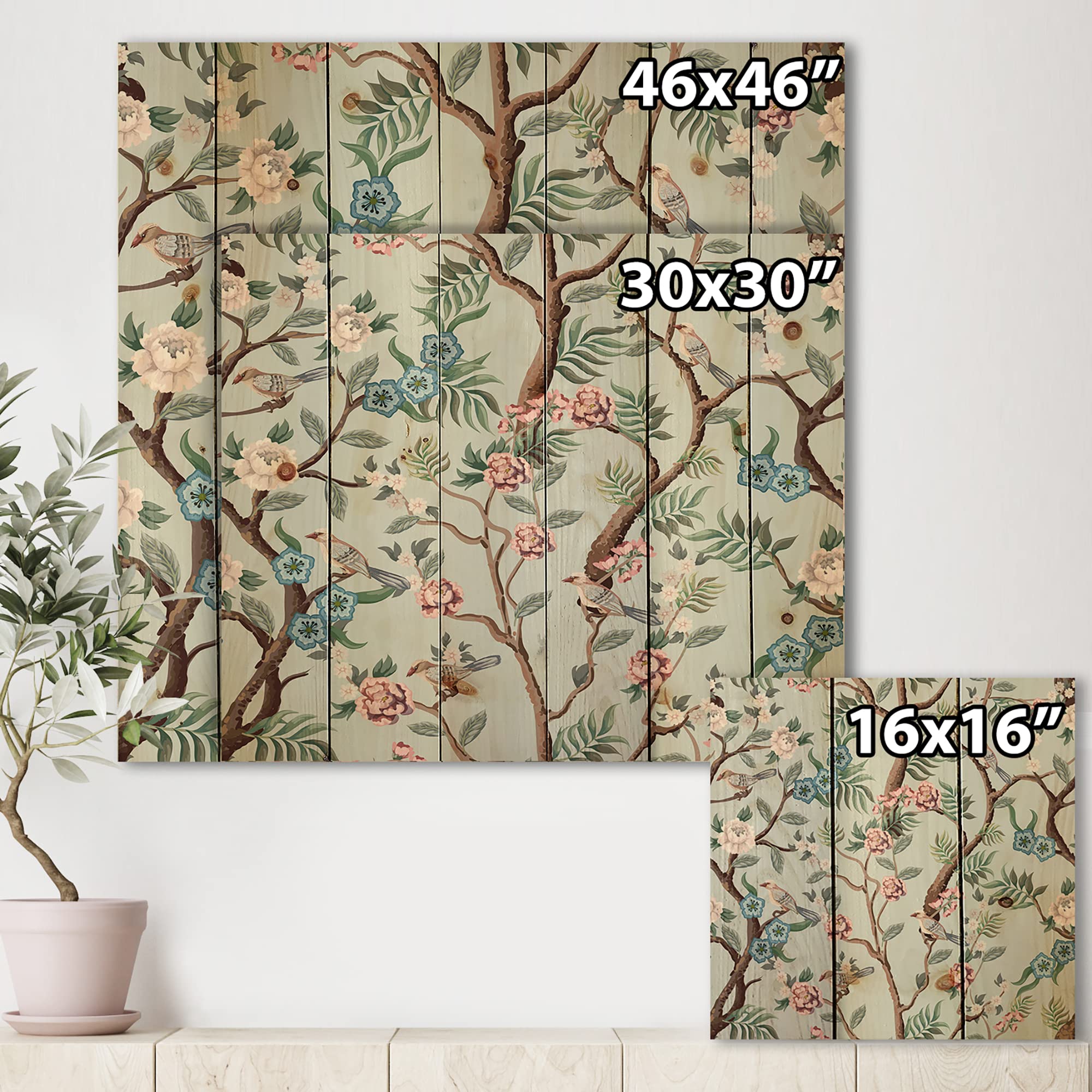 Chinoiserie Bird & Peony Traditional Wood Wall Decor - Grey Wood Art Panel with Large Animal Prints on Natural Pine - Perfect for Living Room, Bedroom & Office Decor