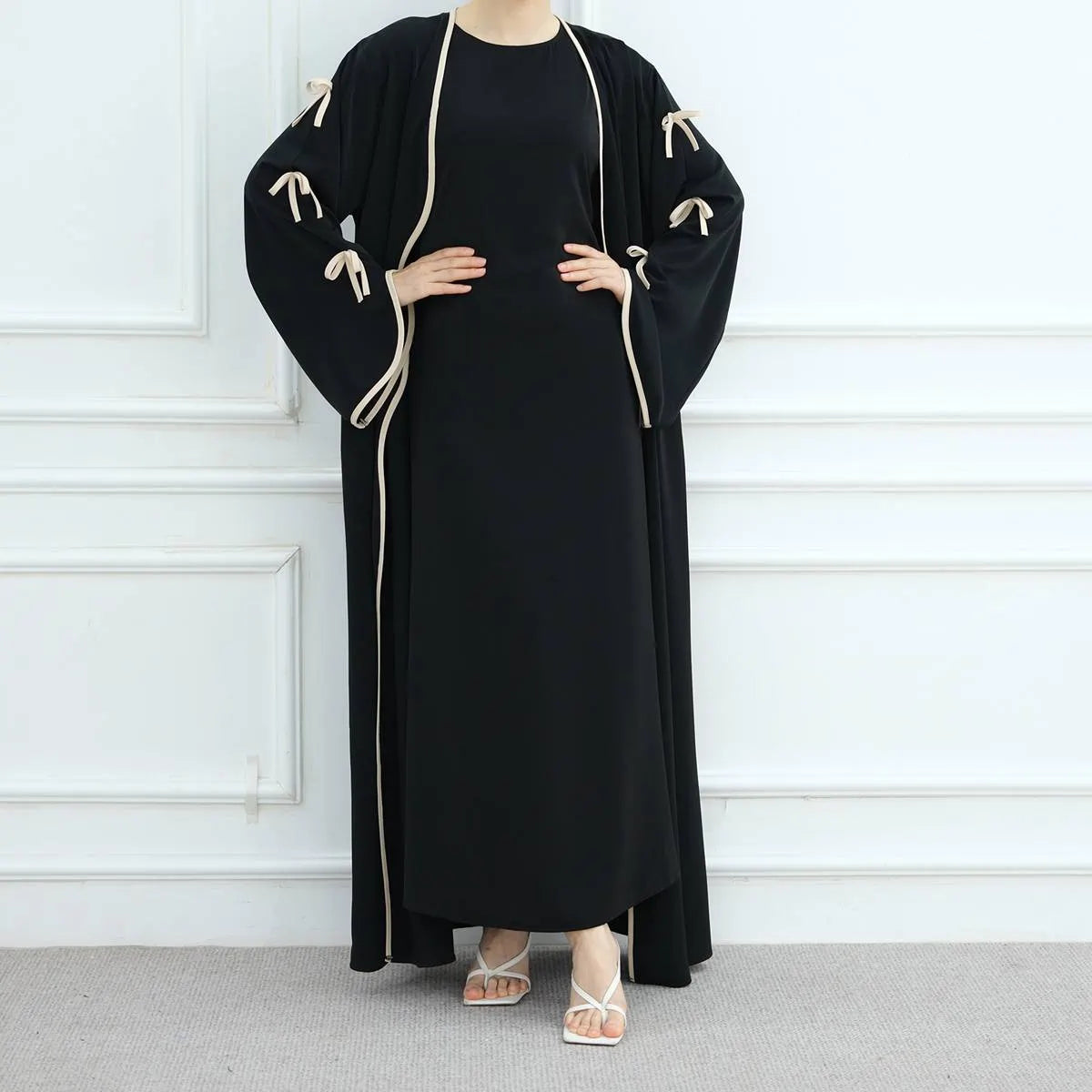 2-Piece Soft Nida Open Abaya Dress Set with Inner Sleeveless Dress - Elegant Muslim Prayer Dress for Women (Beige, #251003) | Perfect for Eid, Ramadan, Mosque & Special Occasions