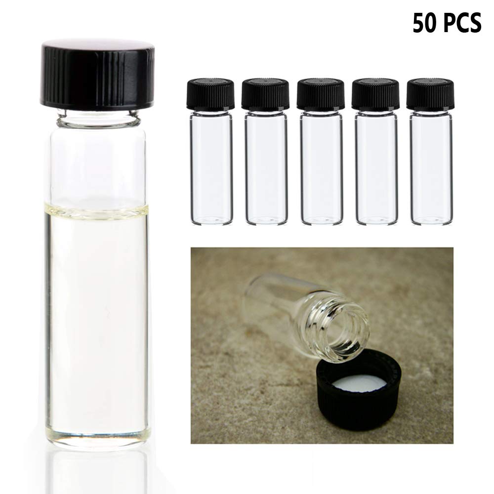 50 Mini Clear Glass Vial Bottles with Caps - 1 3/8 Inch Tall 4mL Capacity - Perfect for Gold Panning, Prospecting, Jewelry Making & Essential Oil Storage