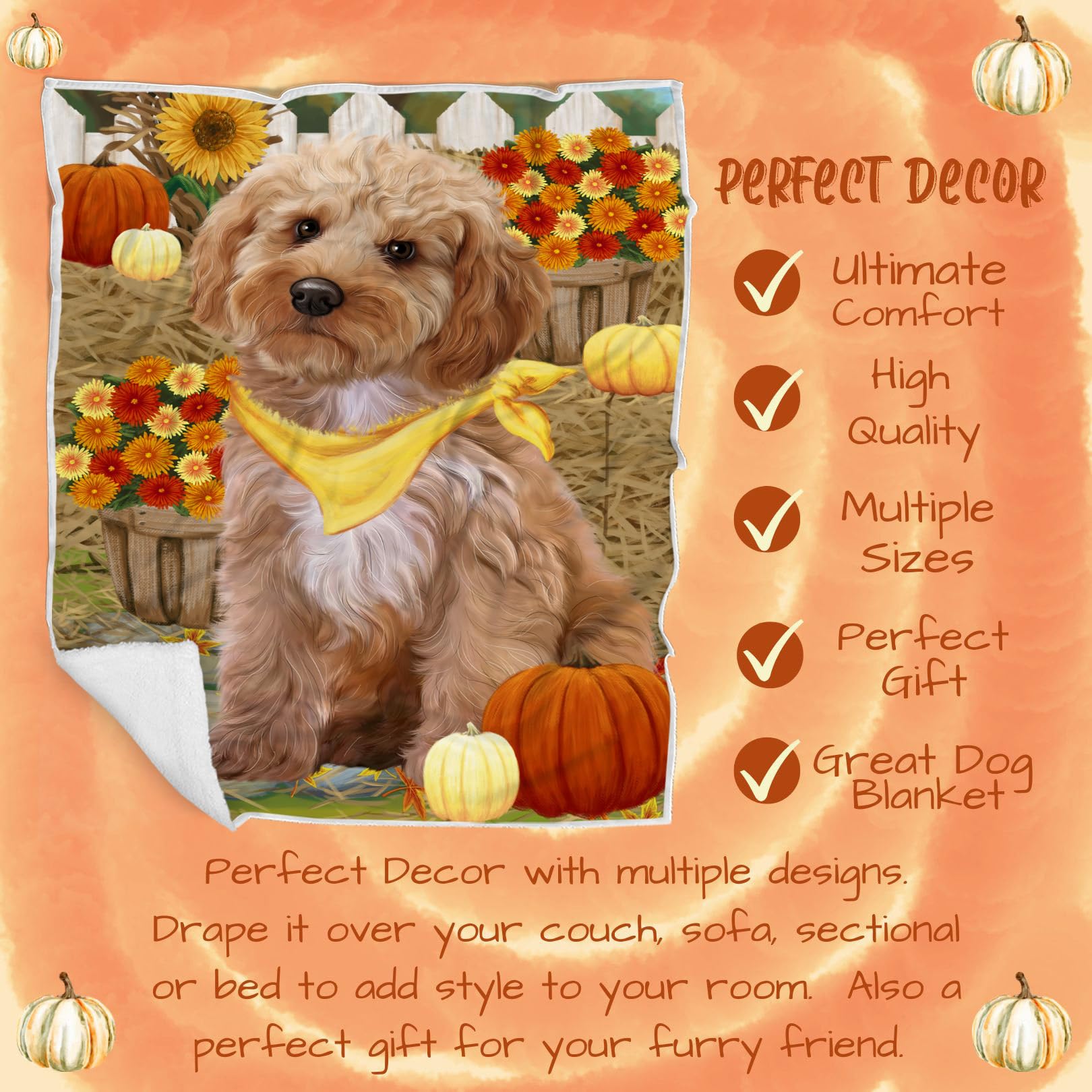 Cozy Fall Cockapoo Dog Blanket - Lightweight Soft Woven Throw for Autumn - Durable Animal Print Blanket 50x60 for Sofa, Couch & Bed - Perfect for Pet Lovers, Home Decor & Seasonal Gifting BLNKT52806
