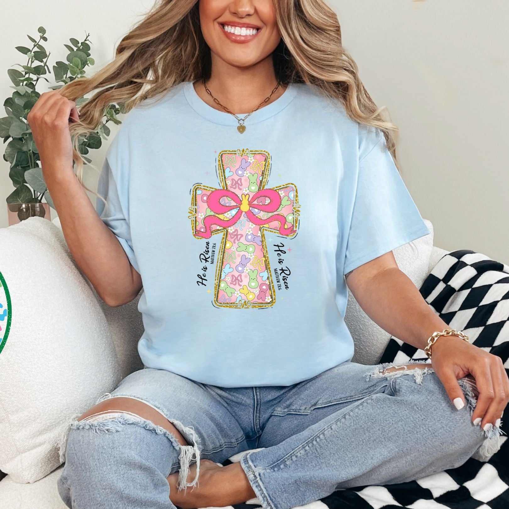 Peeps and Bows Cross Graphic Tee - Trendy Christian Faith T-Shirt for Women - Perfect for Church, Bible Study & Everyday Wear