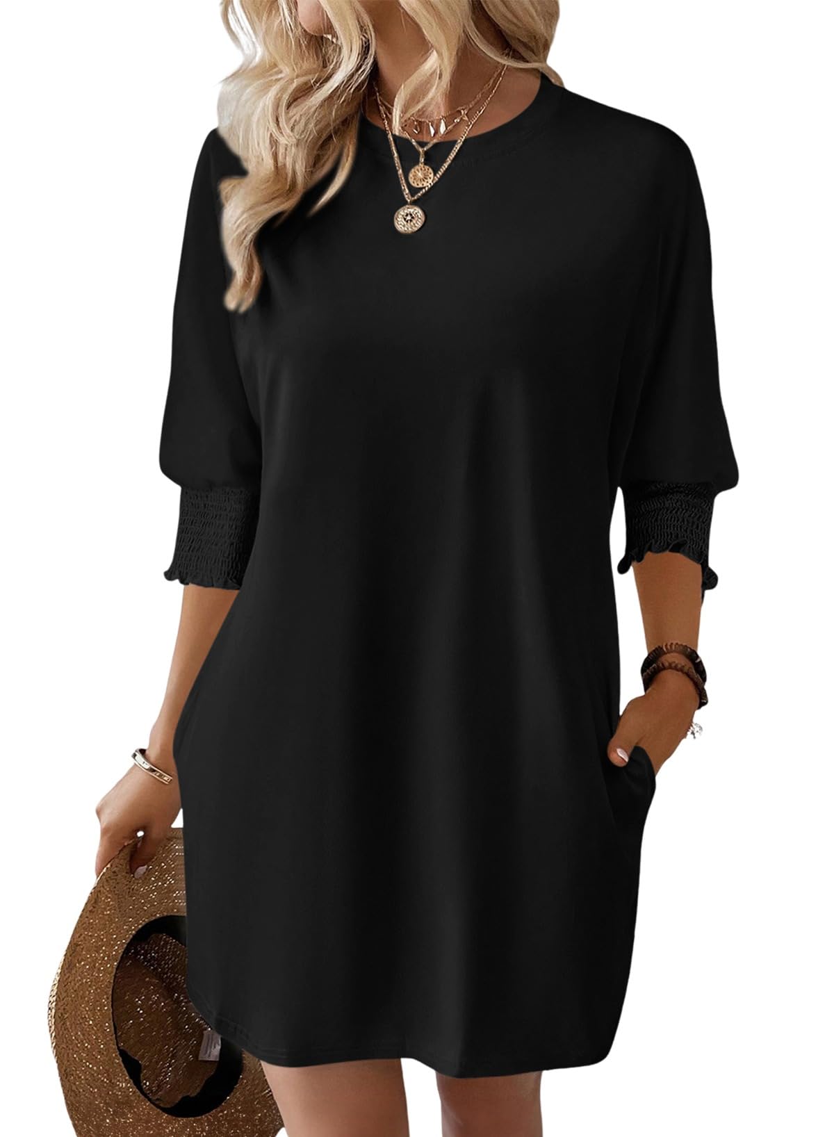 Dokotoo Women's Spring 2025 3/4 Sleeve Crewneck Casual Mini Dress with Pockets - S-XL | Floral Print Summer Dress for Daily Wear, Dating, Office & Vacation