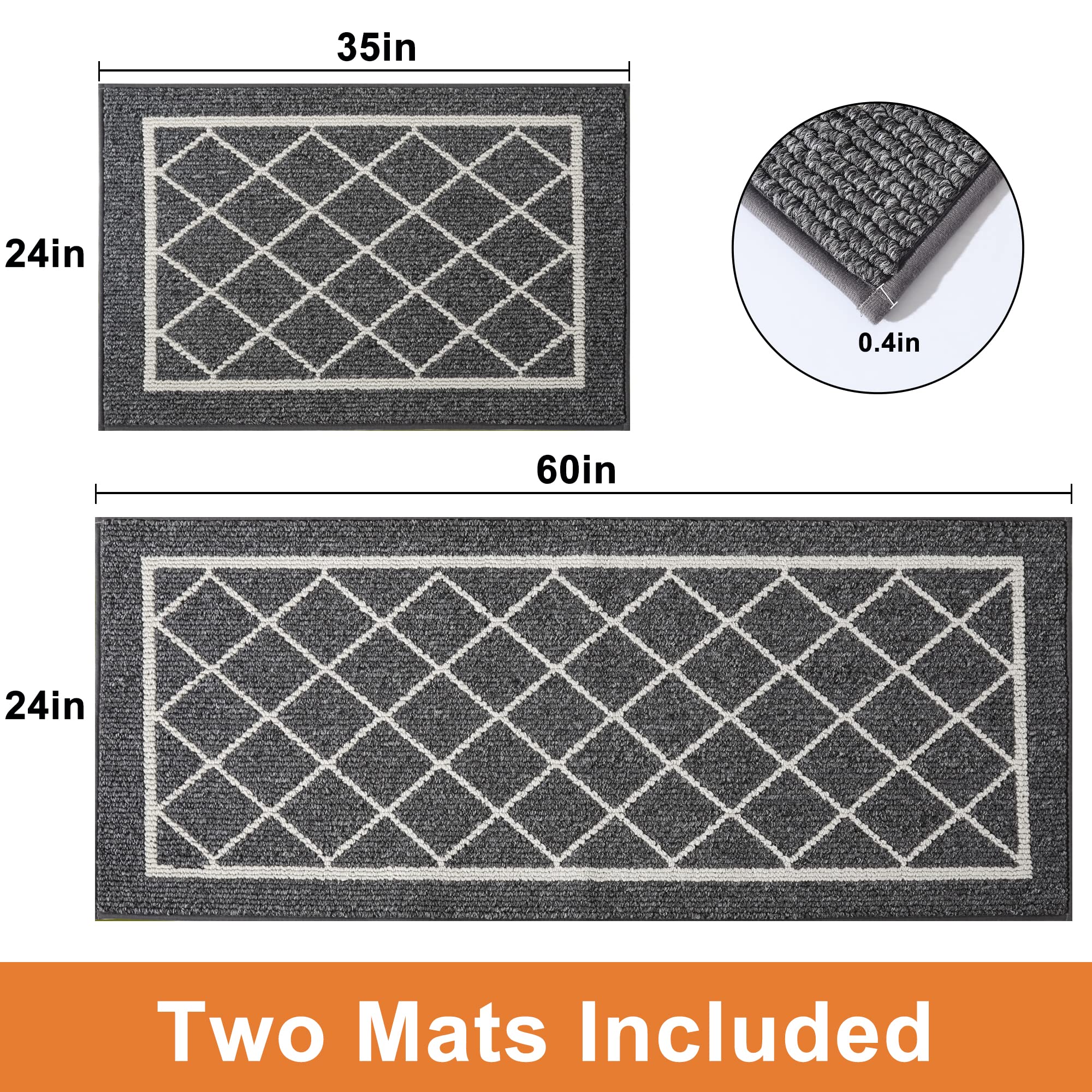 BEQHAUSE Non-Slip Kitchen Rugs - Machine Washable Floor Mats with TPR Backing, 2-Piece Grey Runner Set (24x35in & 24x60in) - Perfect for Kitchen, Dining Area, and Entryway