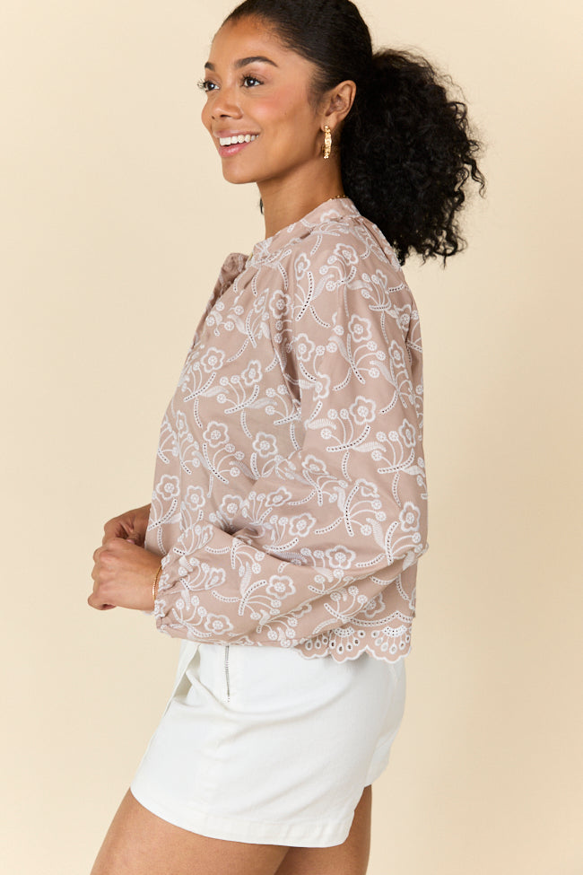 Downtown Delight Women's Embroidered Tan Blouse - Elegant Floral Design Casual Top for Work & Date Night | Perfect for Office, Party & Spring Outfits