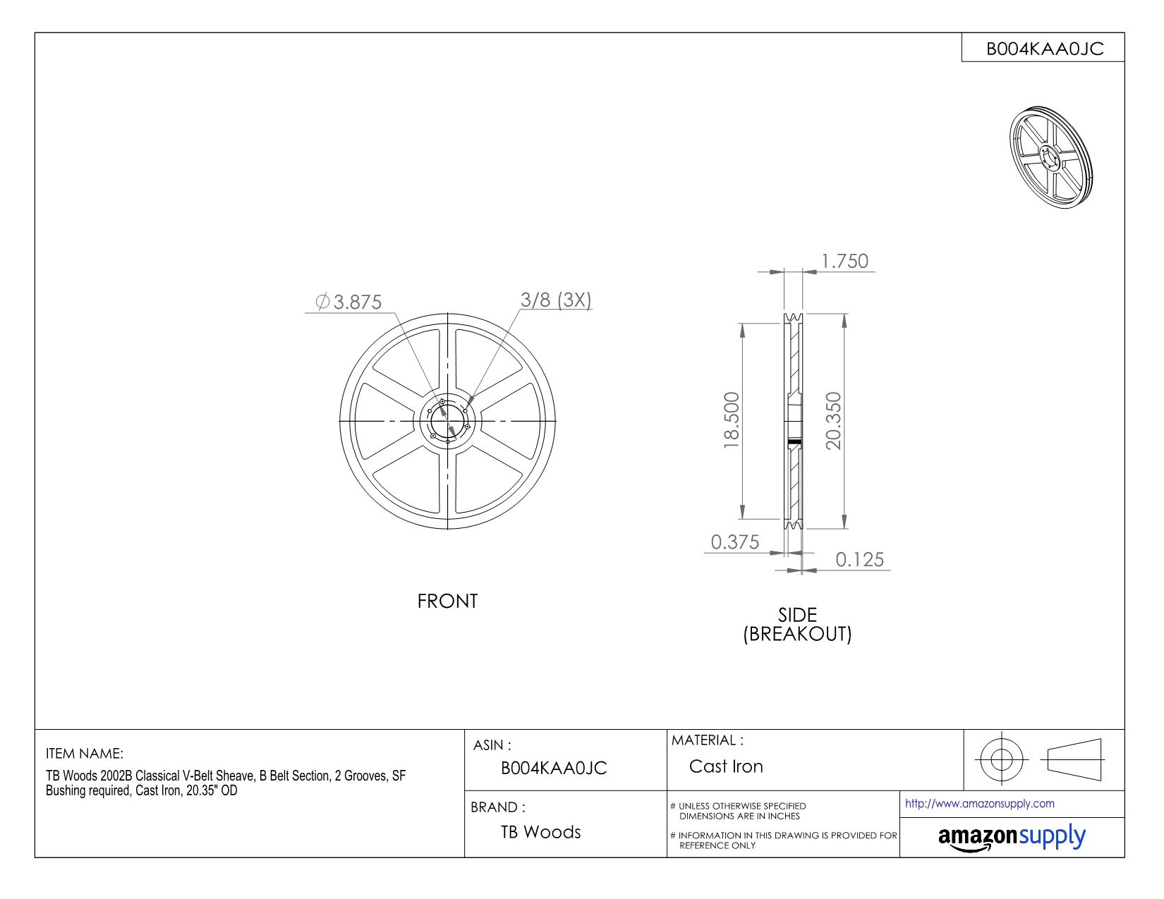 2002B Cast Iron V-Belt Sheave | B Section 2-Groove Pulley | 20.35
