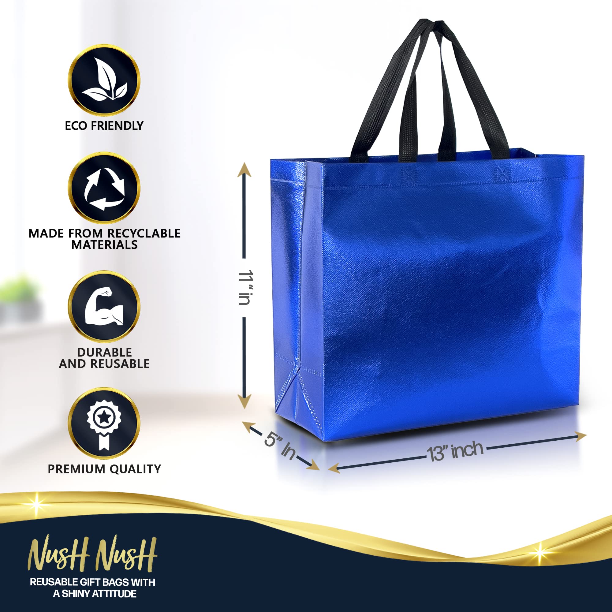Nush Nush Large Blue Gift Bags - Set of 12 Reusable Shiny Party Favor Bags with Handles (13
