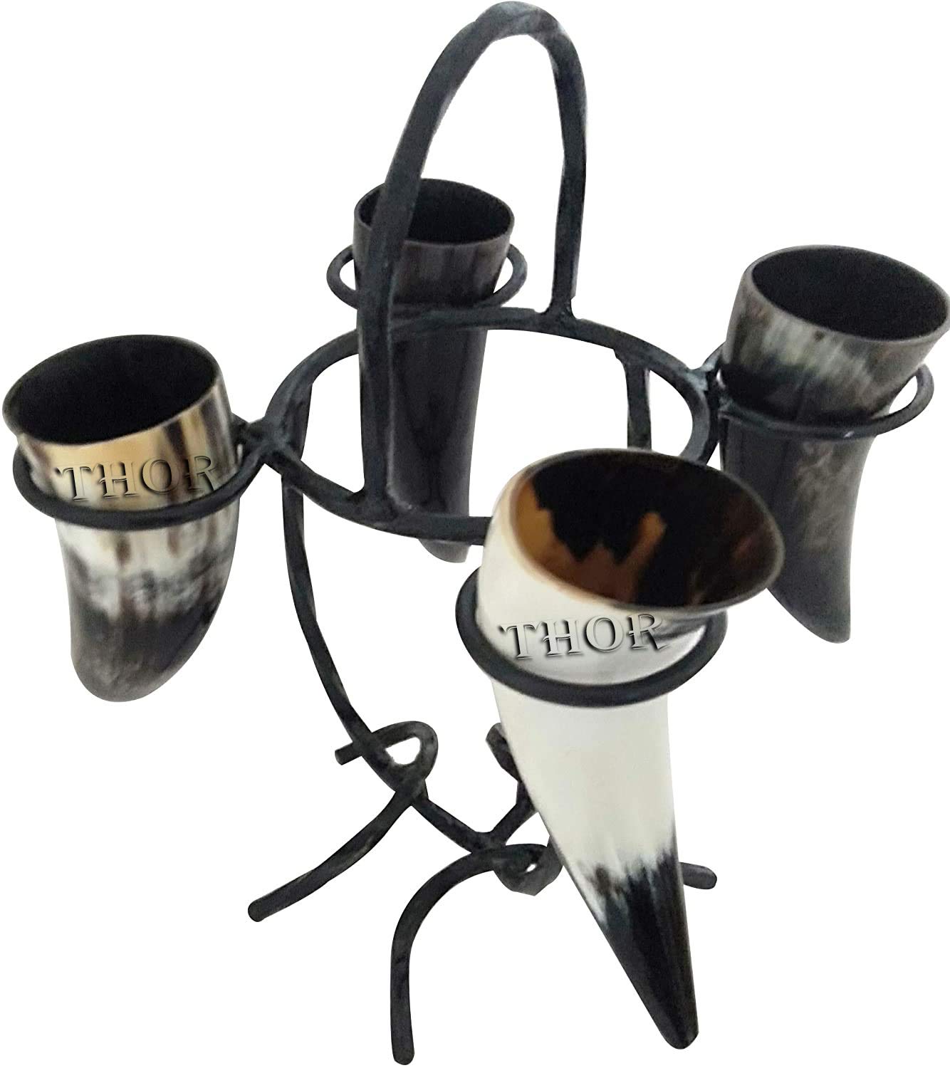 Handmade Viking Drinking Horn Mug with Metal Stand - Set of 4 Rustic Vintage Home Decor for Medieval Parties, Viking Themed Events & Unique Gifts for Men
