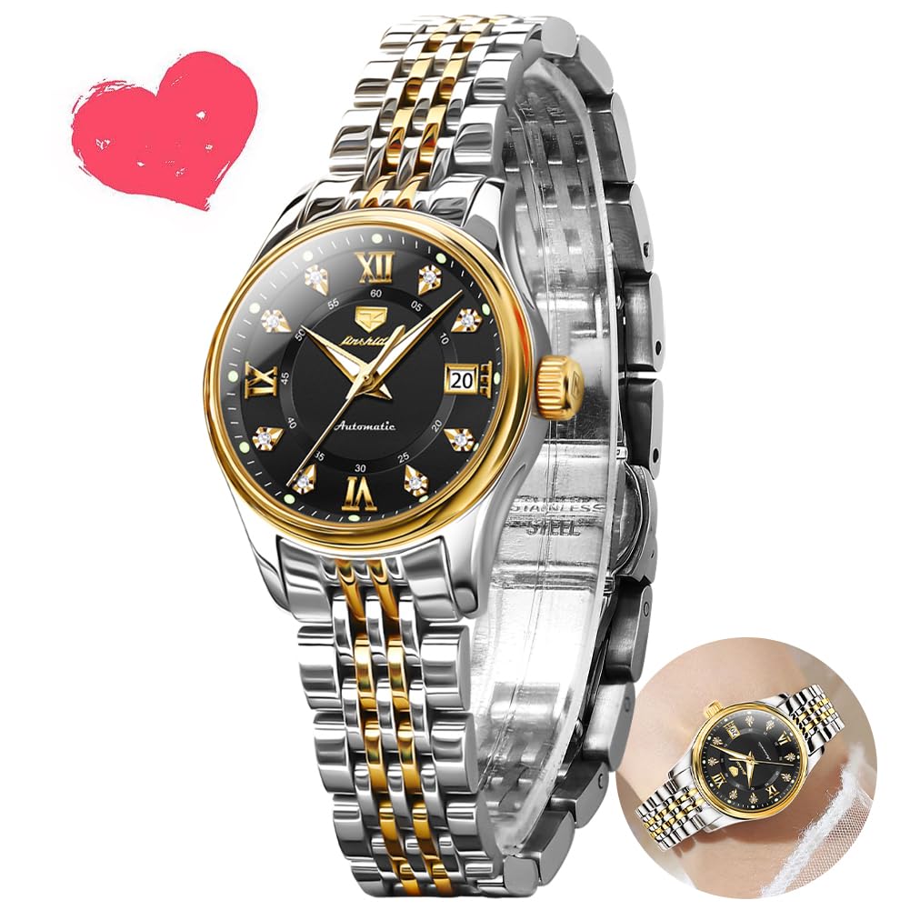 OLEVS Women's Automatic Self-Winding Luxury Dress Watch with Diamond Dial, Stainless Steel Band, Waterproof & Luminous Date - Perfect for Business, Evening Events & Daily Wear