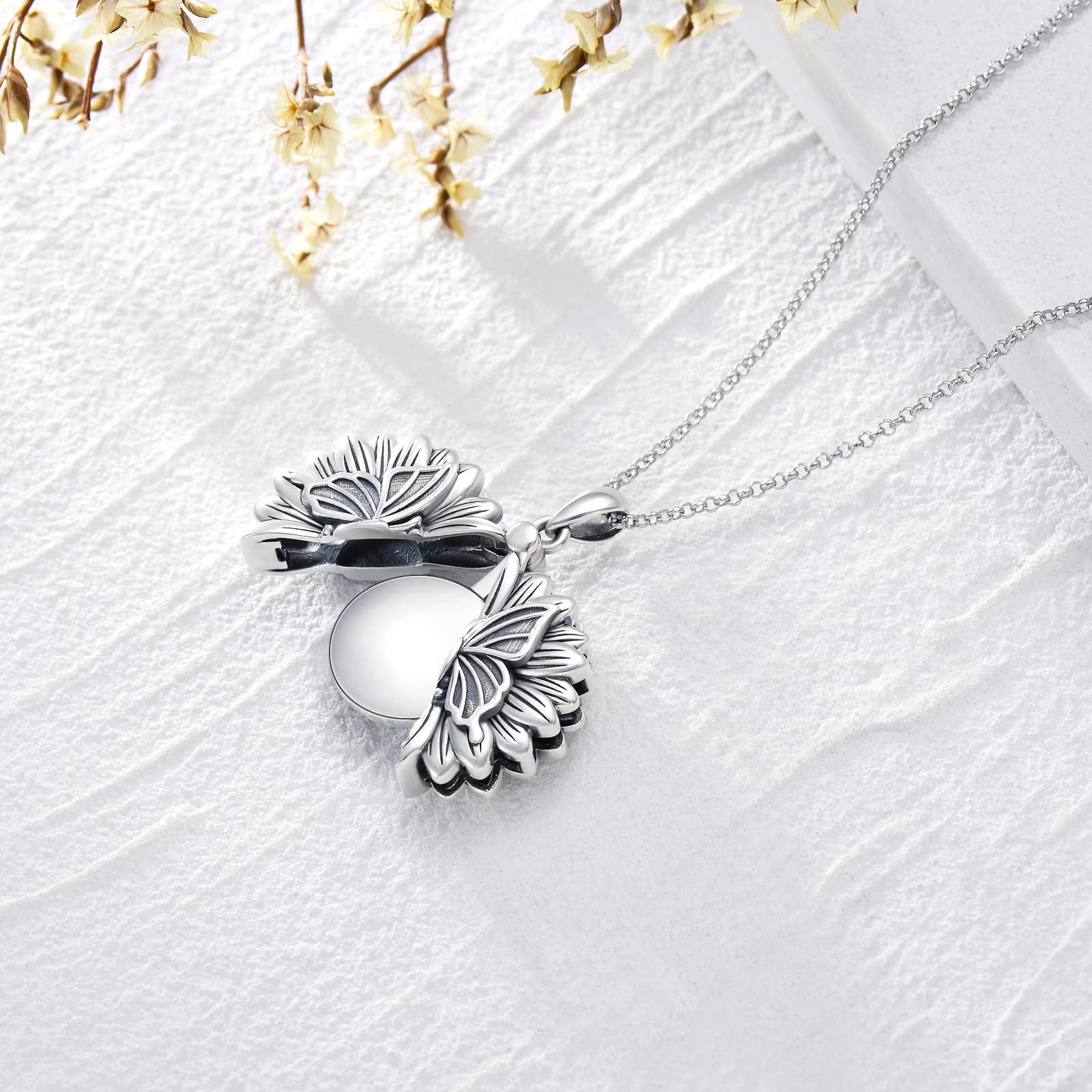 SOULMEET 1 Inch Round Sunflower Butterfly Photo Locket Necklace - Sterling Silver Personalized Expandable Pendant for Women - Perfect for Gifts, Anniversaries & Special Occasions