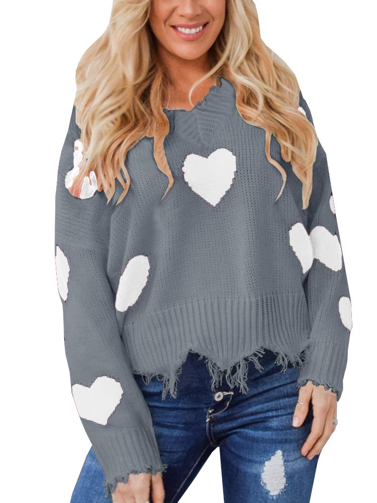 Saodimallsu Women's Oversized Off The Shoulder Pullover Sweater - Cropped V Neck Ripped Heart Knit Jumper Top for Casual Wear, Date Night & Fall Fashion