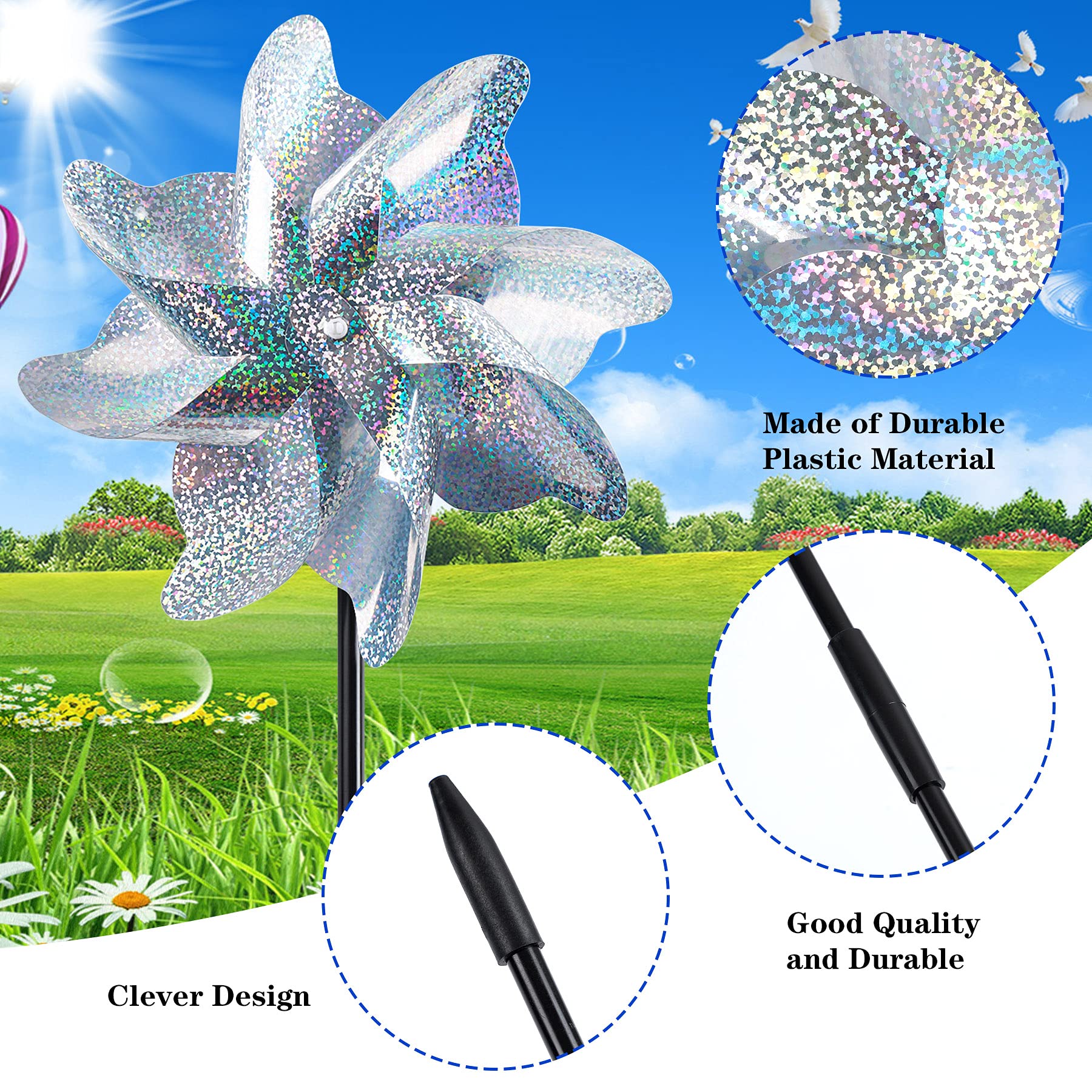 NOVWANG 6-Pack Reflective Pinwheels with Stakes - Sparkly Garden Decor, Bird Deterrent for Yard, Patio & Farm - Scare Away Birds & Animals | Outdoor Wind Spinner for Lawn, Flower Beds & Vegetable Gardens