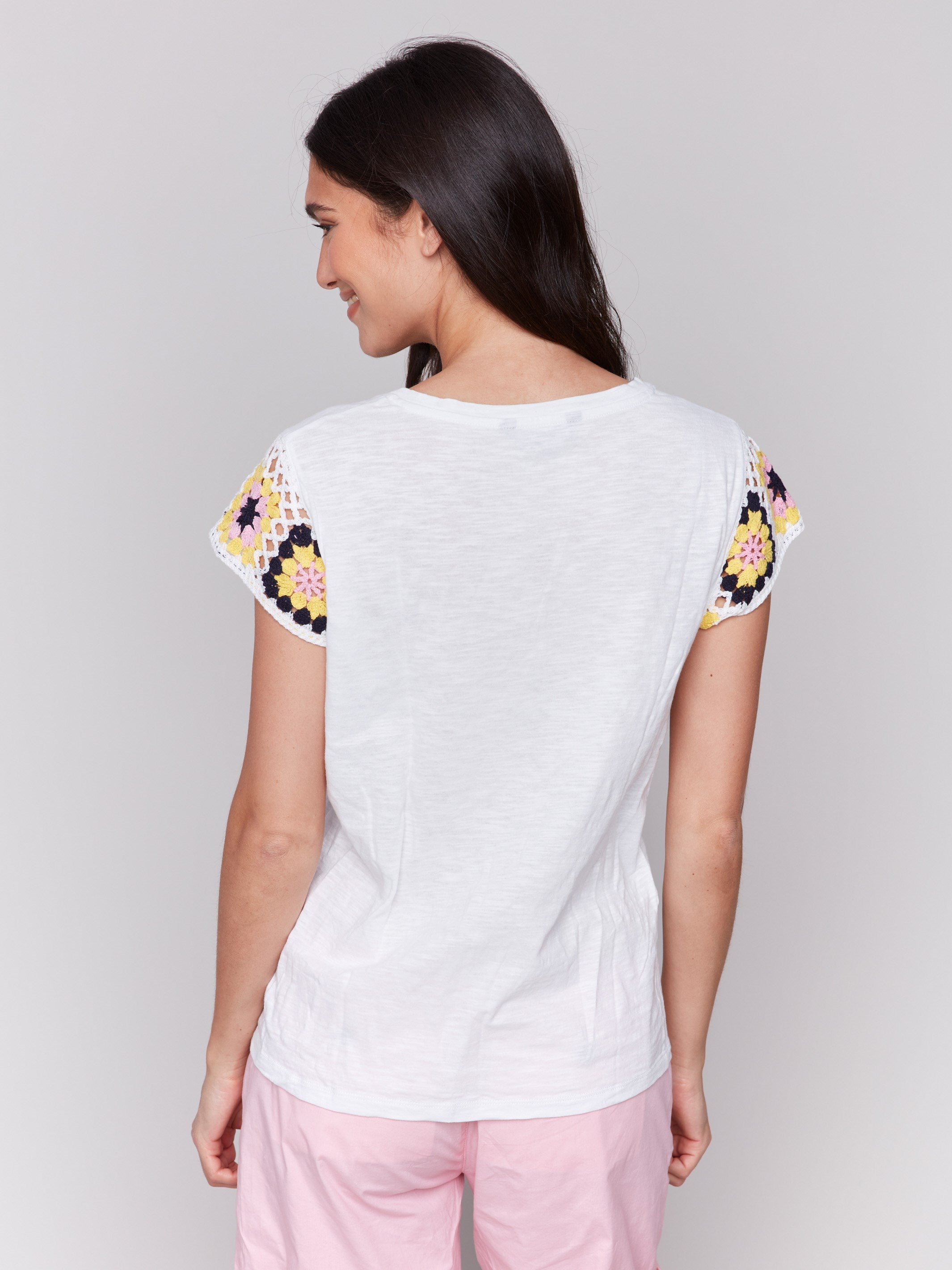 Crochet Cap Sleeve Cotton T-Shirt for Women - Soft Breathable Summer Top - White - Perfect for Beach, Vacation & Casual Outfits