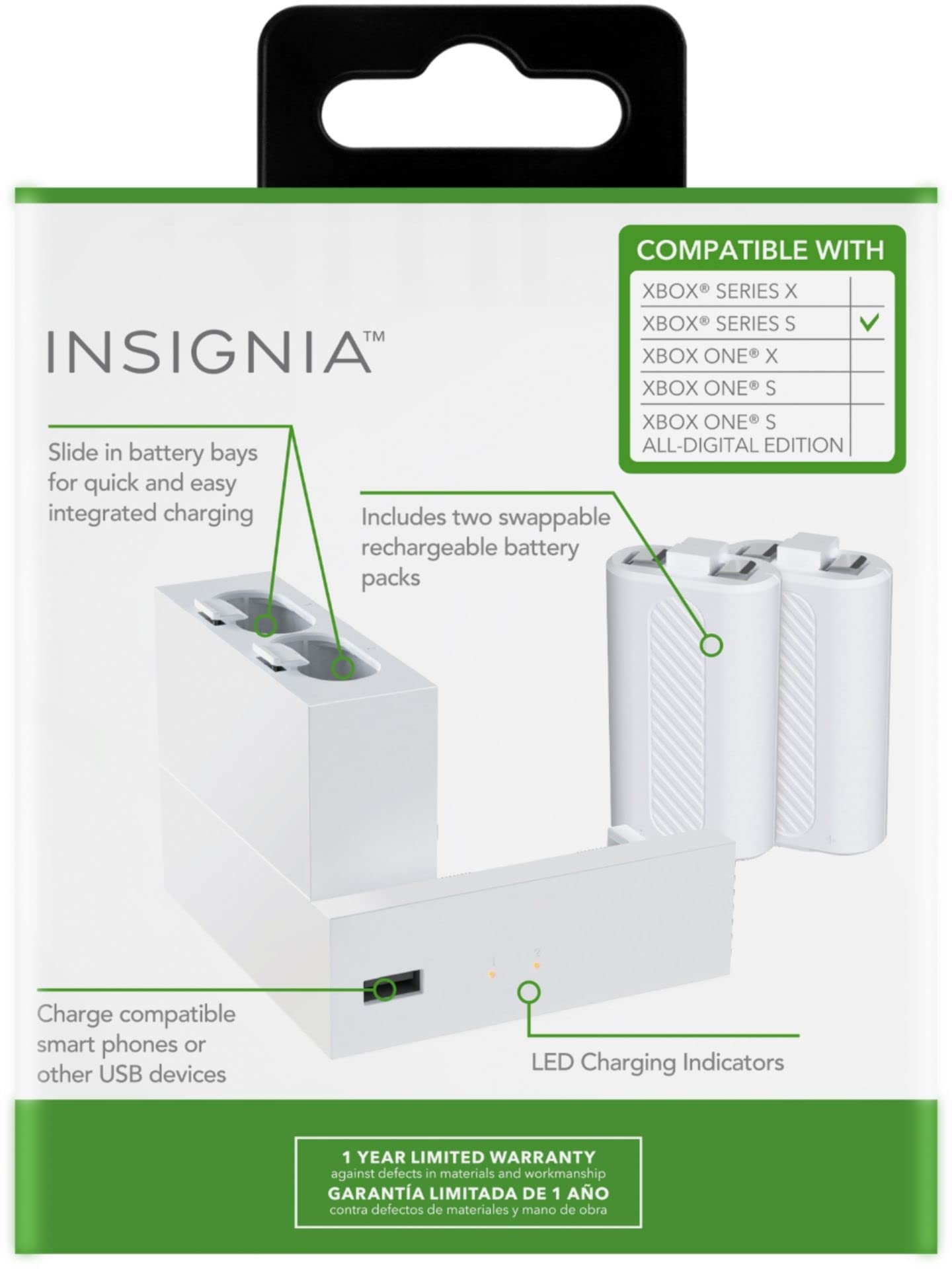 Insignia Side Dock Dual Battery Charger for Xbox Series S - White | Fast Charging Station for Xbox Controllers | Perfect for Gaming Sessions & Multiplayer Setups