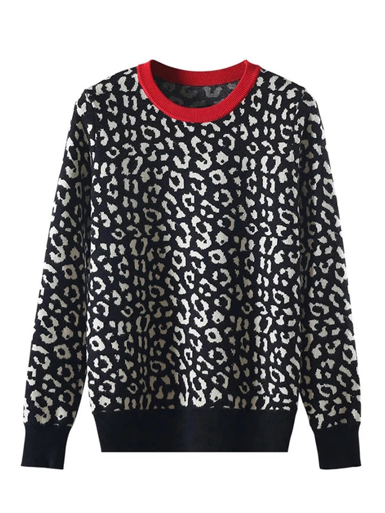 Women's Leopard Print Knitted Pullover Sweater - Long Sleeve Crewneck Contrast Color Winter Jumper for Casual Outfits & Office Wear