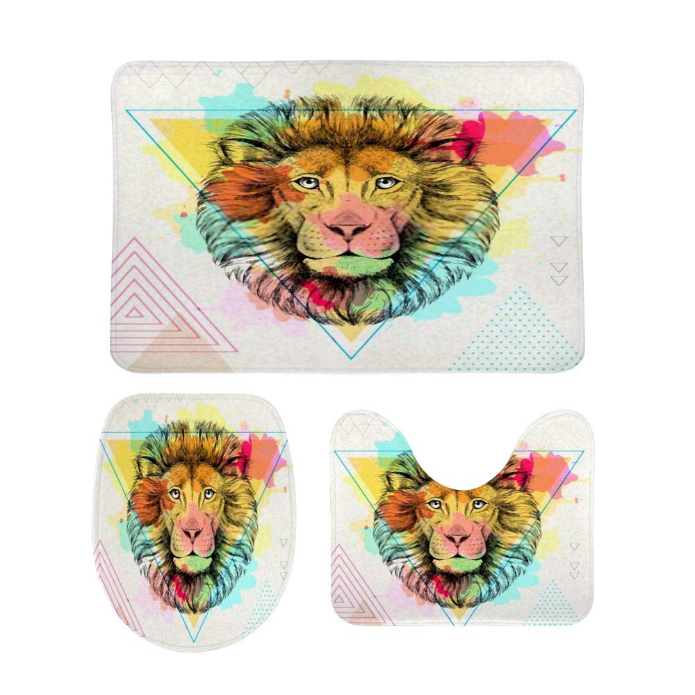 Soft Coral Fleece Bathroom Rug Set - 3 Piece Toilet Mat, Contour Lid Cover & Bath Mat - Machine Washable, Non-Slip, Artistic Lion Design - Perfect for Bathroom, Shower & Tub Floor Protection
