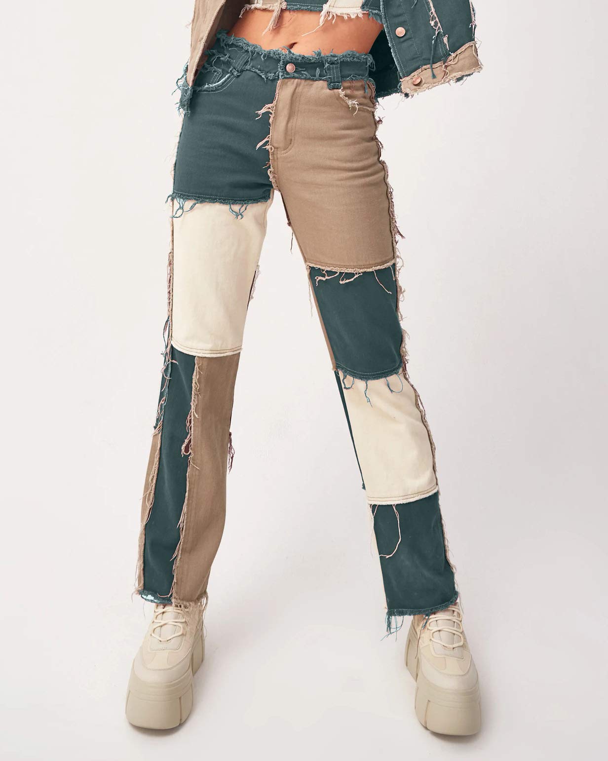 Women's High Waist Straight Leg Denim Jeans - Frayed Raw Hem & Casual Patchwork Design | Perfect for Everyday Wear, Street Style & Weekend Outfits
