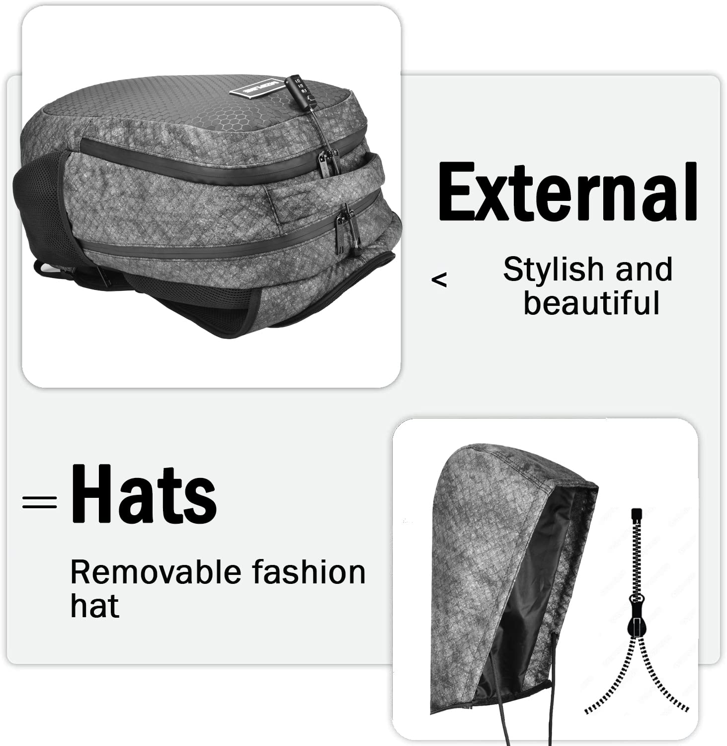 Anti-Theft Travel Backpack with Combination Lock & Hoodie - Large Laptop Business Daypack for Men & Women - Durable College Backpack for Commuting & Outdoor Adventures (Camo Grey)