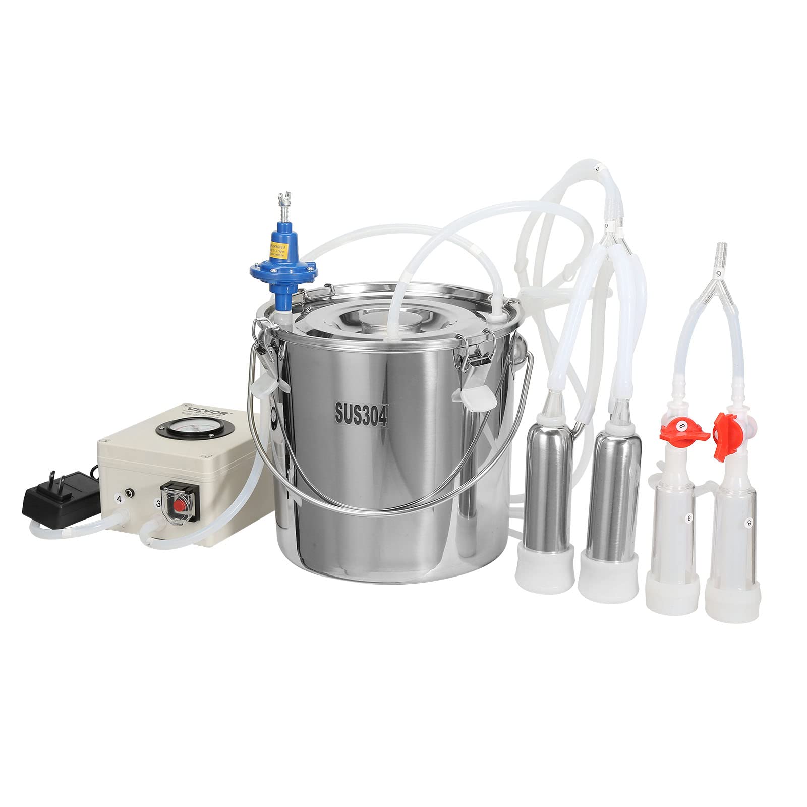 VEVOR Electric Goat Milking Machine - 12L 304 Stainless Steel Bucket with Automatic Pulsation Vacuum System | Portable Milker with Food-Grade Silicone Cups & Tubes | Adjustable Suction for Cows, Sheep & Goats | Perfect for Small Farms, Homesteads & Dairy Production