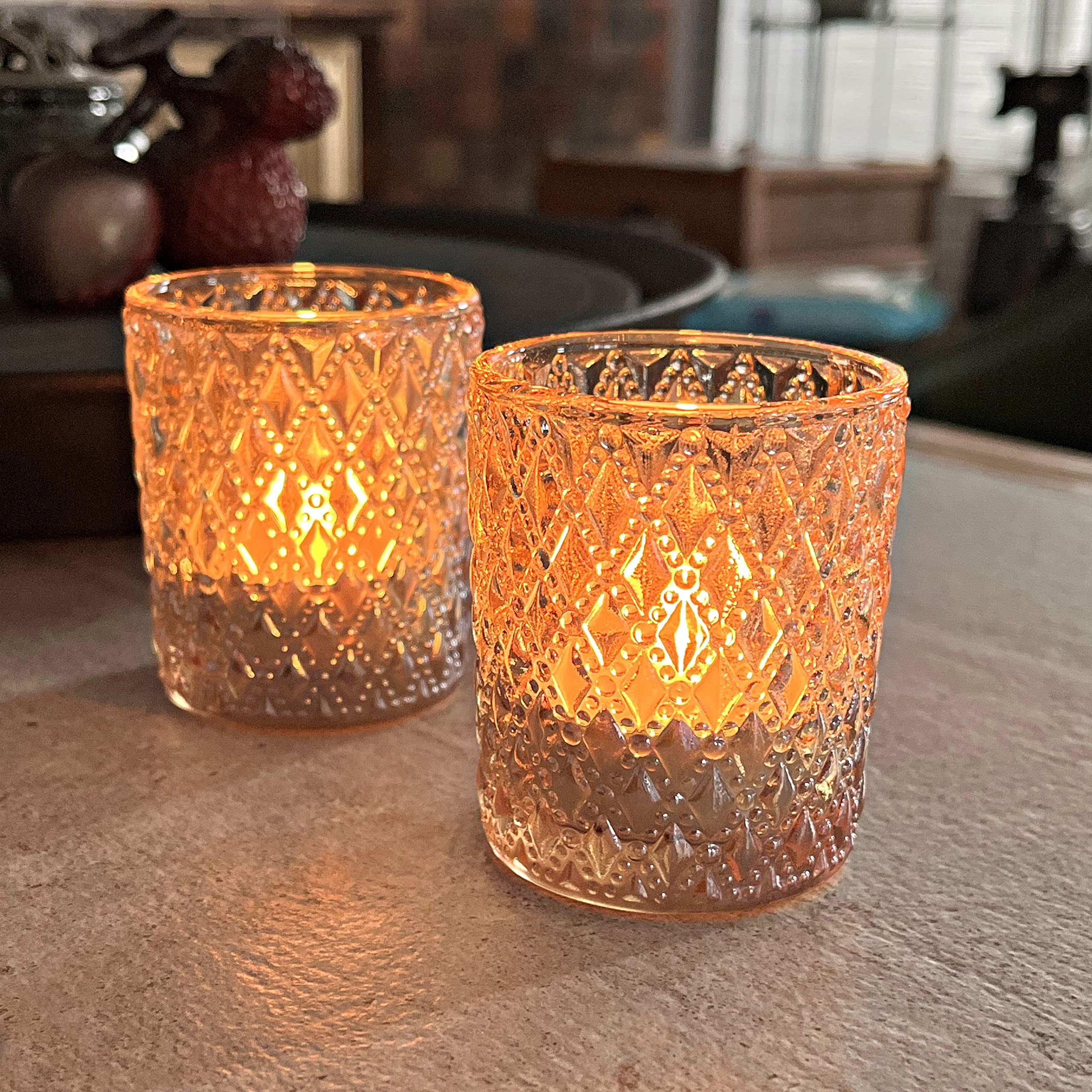 SHMILMH 12-Pack Champagne Gold Glass Votive Candle Holders - Elegant Tealight Candle Holders for Wedding Centerpieces, Birthday Party Decor, Halloween & Thanksgiving Table Settings - Perfect for Romantic Dinners, Spa Nights and Holiday Home Decor