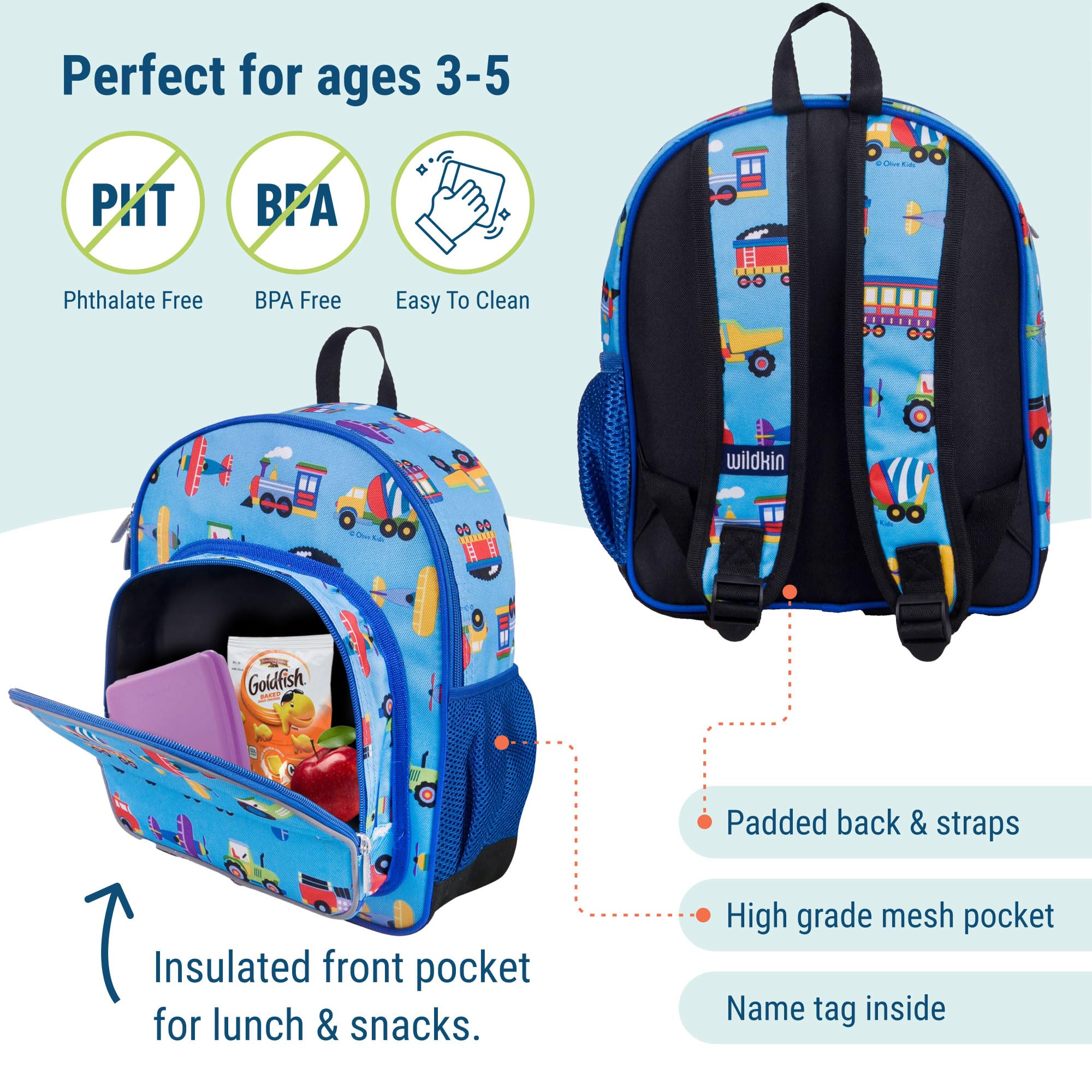 Wildkin 12 Inch Kids Backpack with Modern Nap Mat - Trains, Planes & Trucks Design for Boys & Girls | Perfect for Preschool, Daycare, Travel & Sleepovers