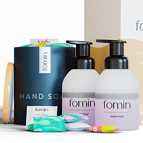 FOMIN Eco-Friendly Foaming Hand Soap Starter Kit - 16 Refill Tablets & 2 Glass Dispensers, Variety Pack for Sustainable Hand Washing | Makes 48oz Liquid Soap | Perfect for Home, Office & Travel Use | Compostable Packaging, Zero Waste Solution