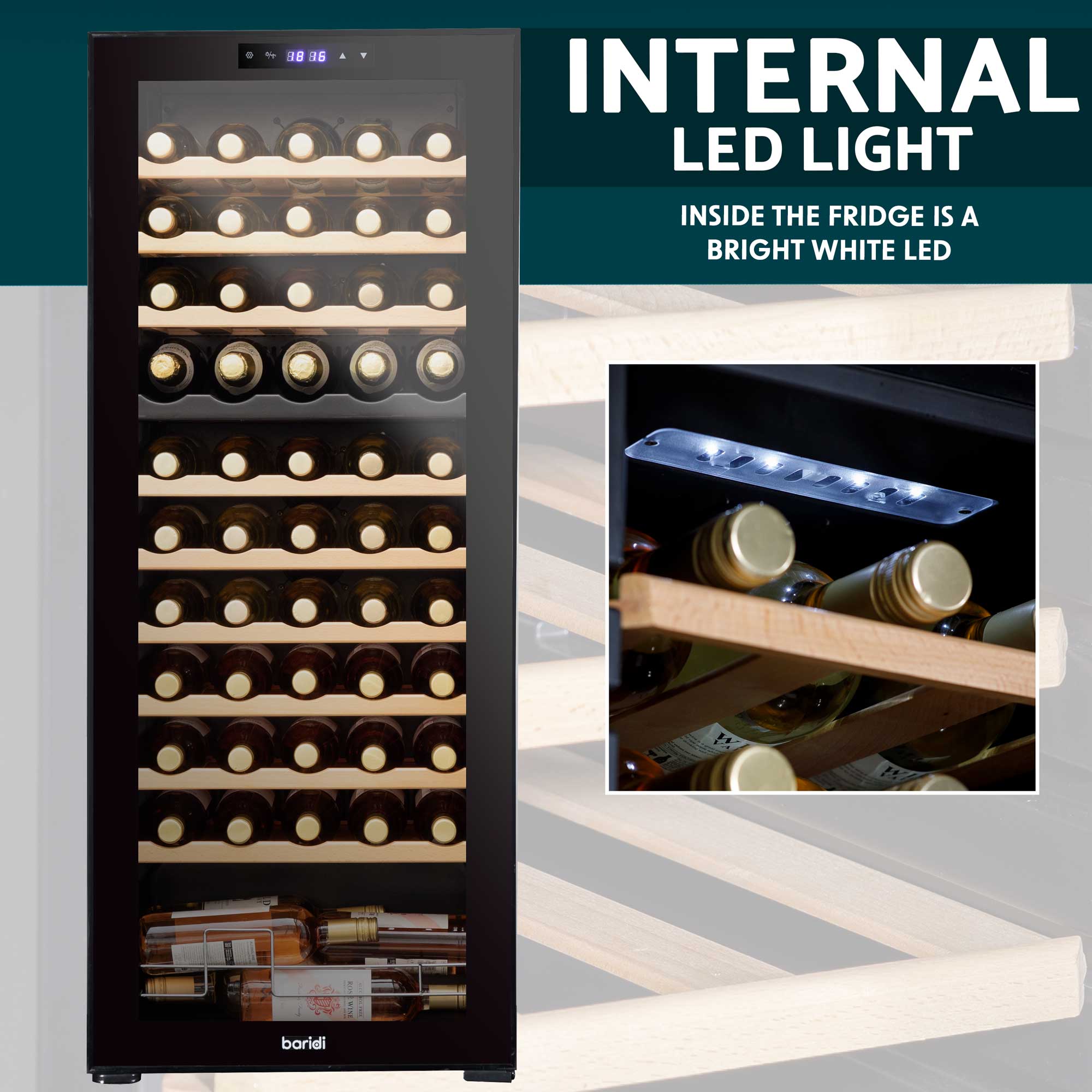 Baridi 55 Bottle Dual Zone Wine Cooler Refrigerator - Touch Screen Control, Wooden Shelves, LED Display for Home, Office, or Restaurant Use - Perfect for Storing Red, White, and Sparkling Wines