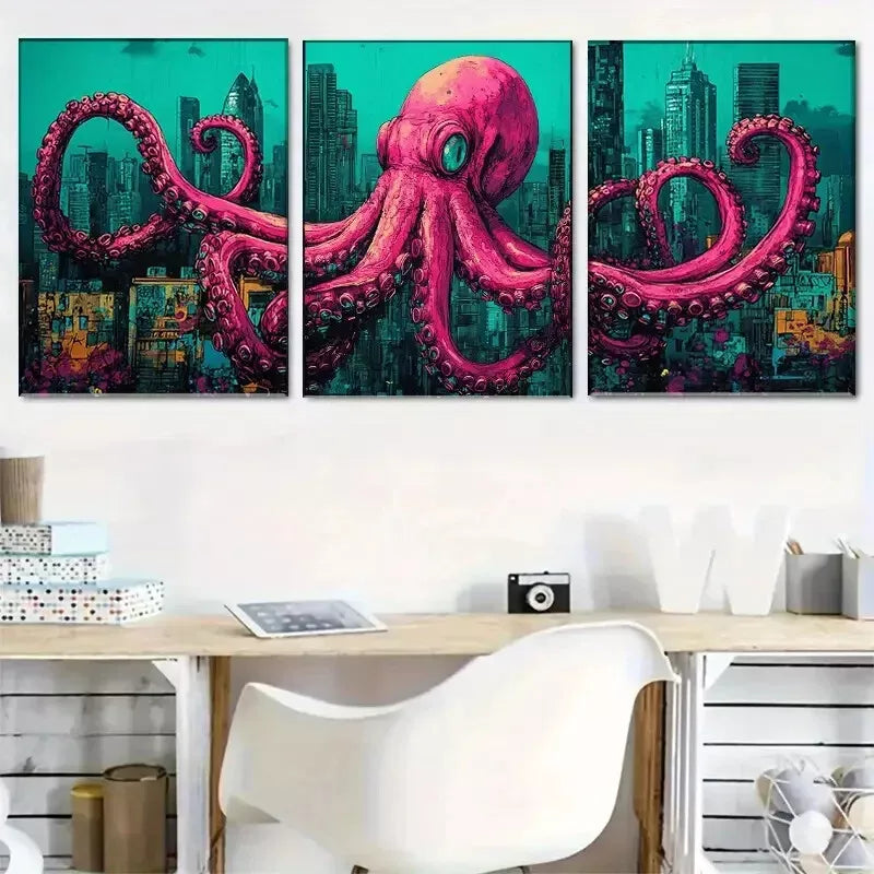 3-Piece Pink Urban Octopus Fantasy Wall Art Set - Framed Canvas 40x60cm | High Quality Print | 100% Australian Made | Ready to Hang | Perfect for Living Room, Bedroom & Office Decor