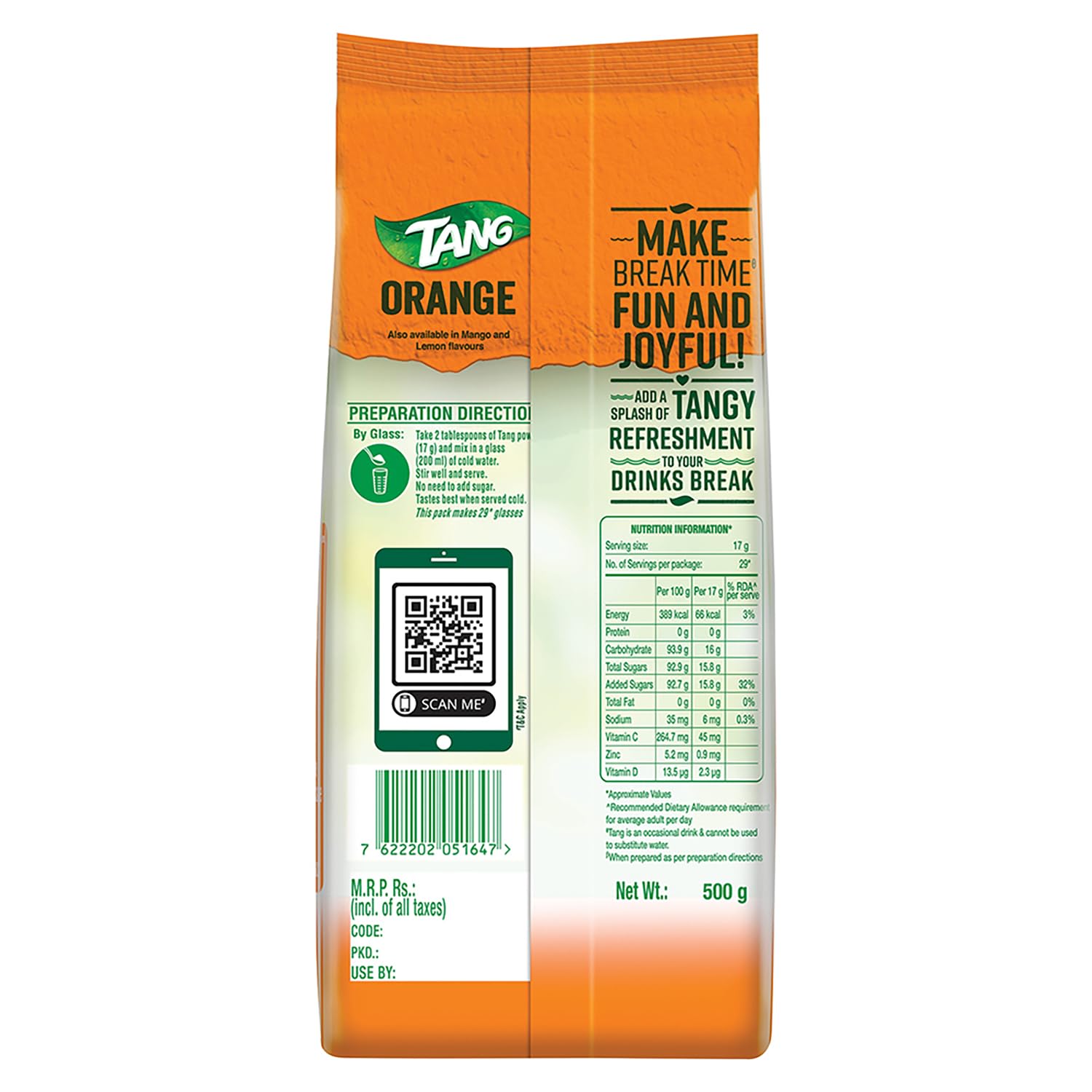 Tang Orange Instant Drink Mix Powder - 500g (Pack of 2) | Refreshing Vitamin C Beverage for Home, Office & Outdoor Activities | Quick & Easy to Prepare