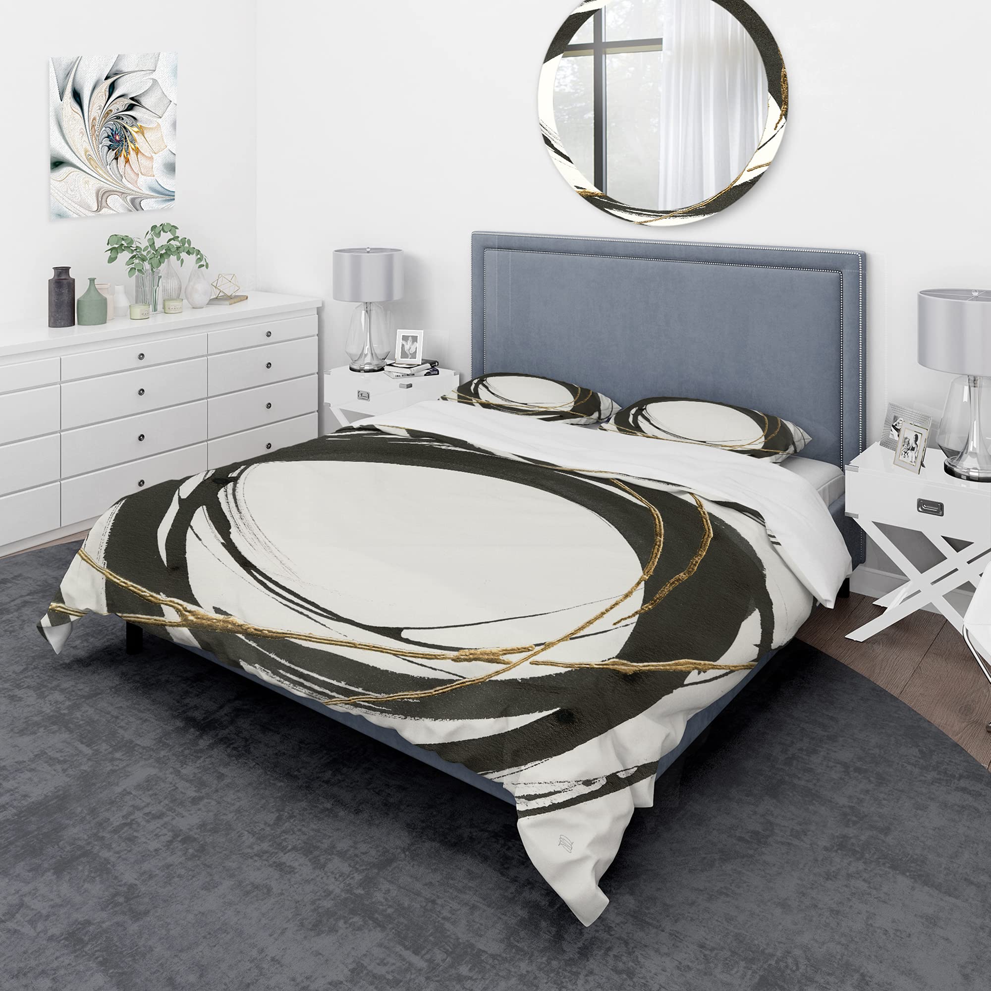 Gold Glamour Circle II Modern & Contemporary Black Duvet Cover Set Queen Size - 3 Piece Abstract Bedding Set for All Seasons | Luxury Bedroom Decor for Contemporary Homes & Guest Rooms