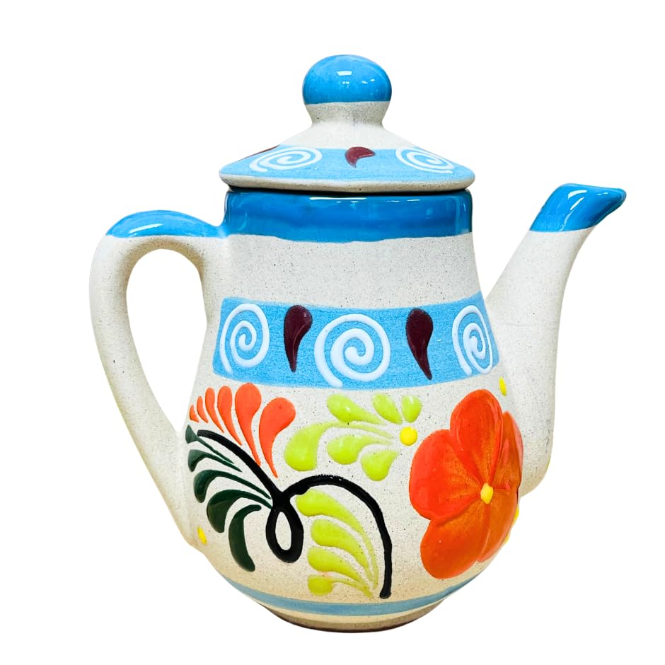 Handmade Mexican Clay Coffee Pot - Traditional Cafetera De Barro Decorated in Baby Blue - Authentic Mexican Kitchen & Home Decor - Perfect for Brewing Coffee, Serving as Unique Table Centerpiece, or Gift Idea