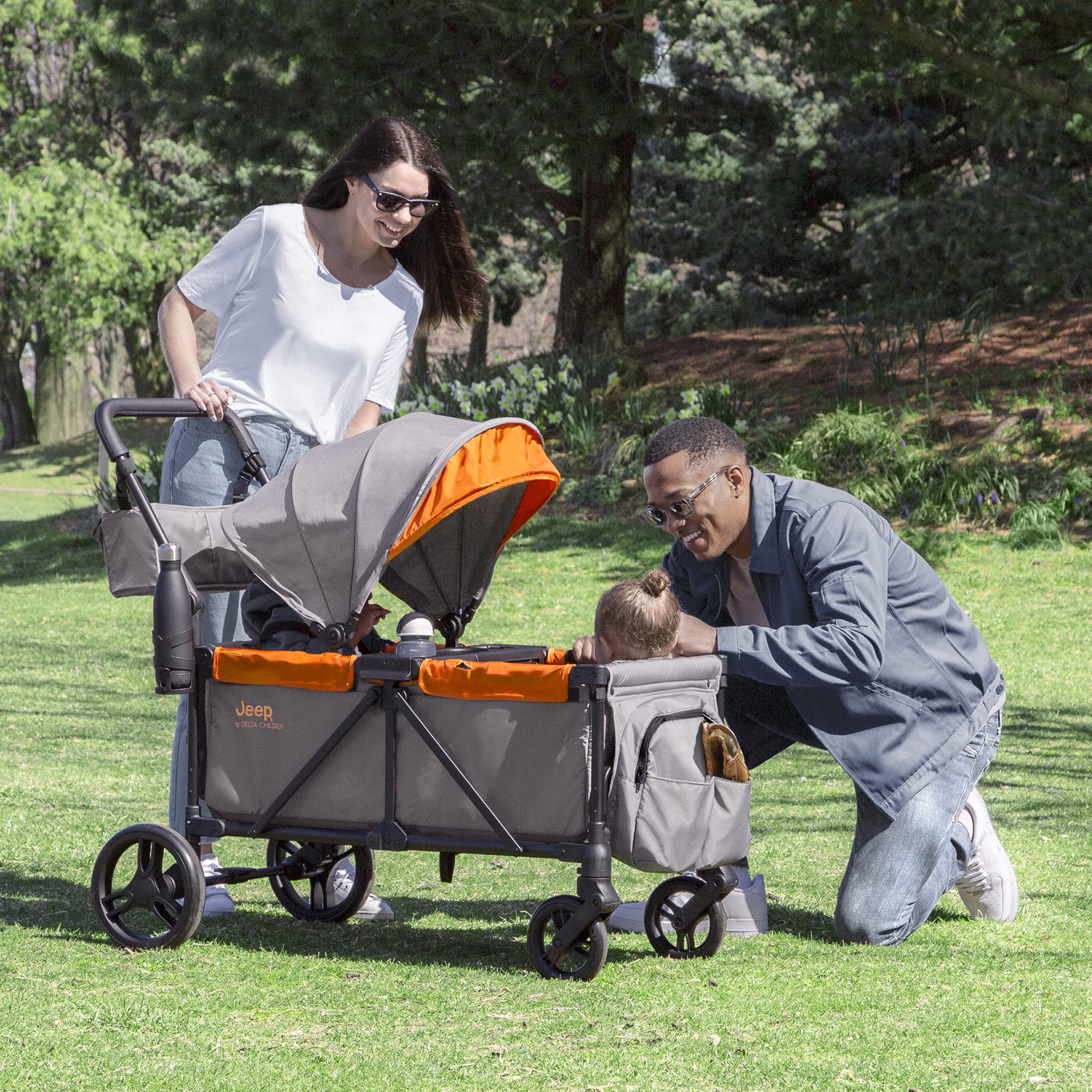Delta Children Jeep Sport All-Terrain Stroller Wagon with Canopy, Parent Organizer & Snack Tray - Adjustable Handlebar, Cup Holders - Grey/Bonfire - Perfect for Outdoor Adventures, Beach Trips & Family Outings