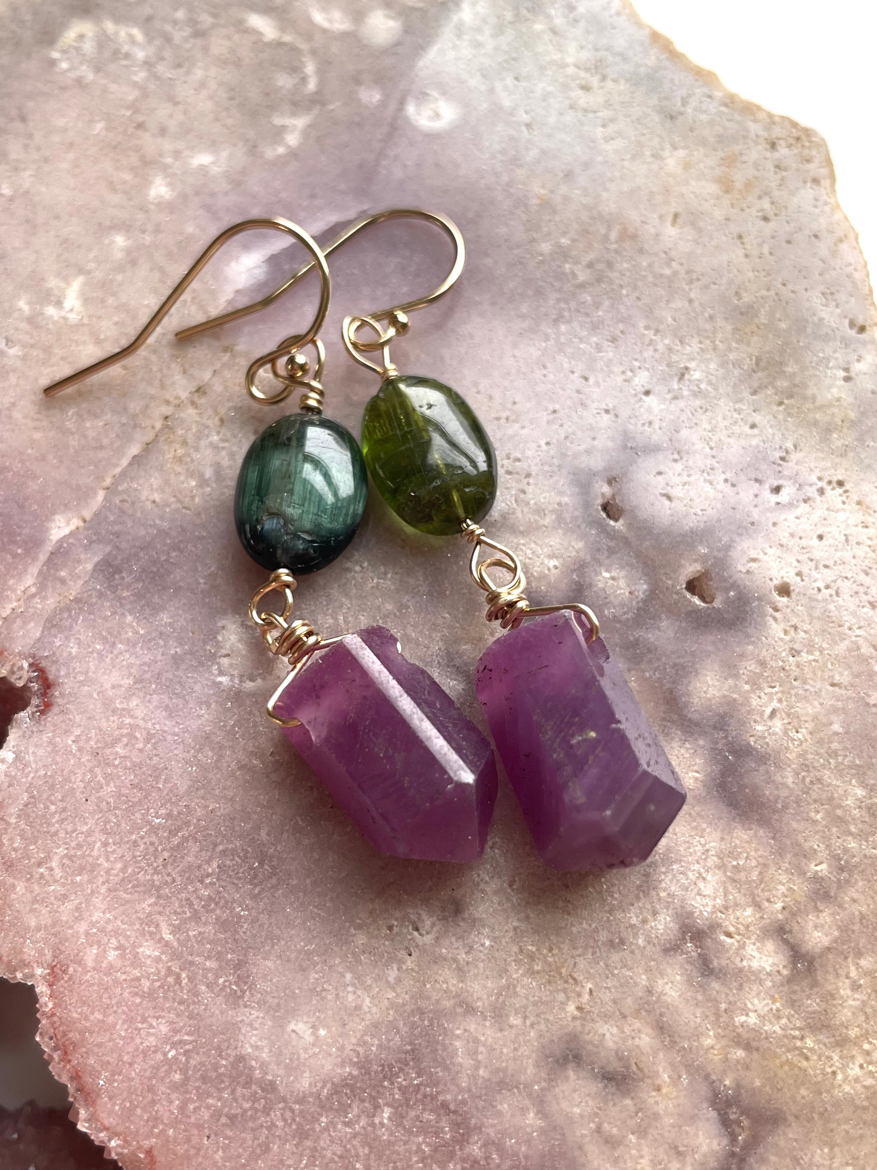 Natural Raw Crystal Dangle Earrings - 14K Gold Plated with Genuine Ruby & Green Tourmaline | Boho Chic Jewelry for Women, Perfect for Weddings, Parties & Everyday Wear